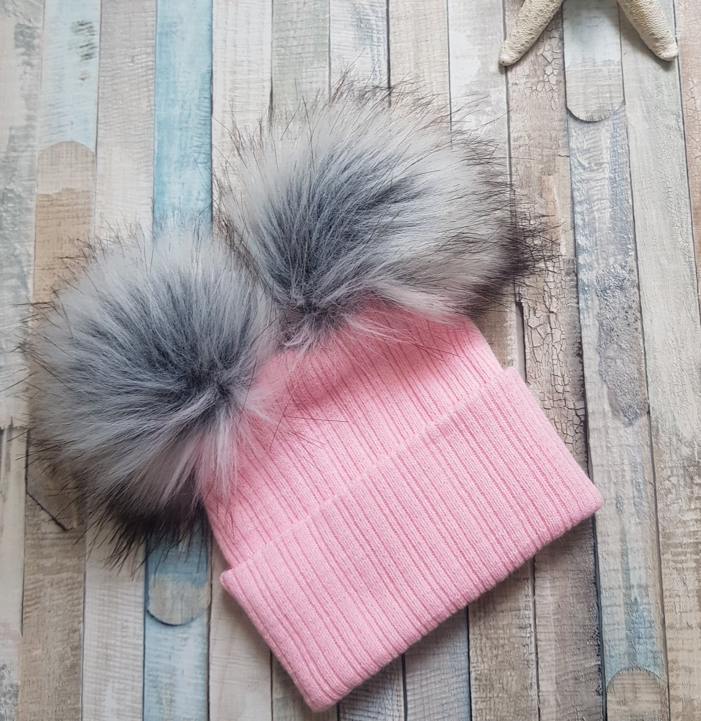 Knitted Pink Double Grey Fluffy Faux Fur Pom Pom Hat - Nana B Baby & Childrenswear Boutique