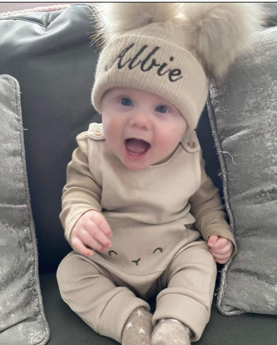 Personalised Beige Double Fluffy Faux Fur Pom Knitted Hat - Nana B Baby & Childrenswear Boutique