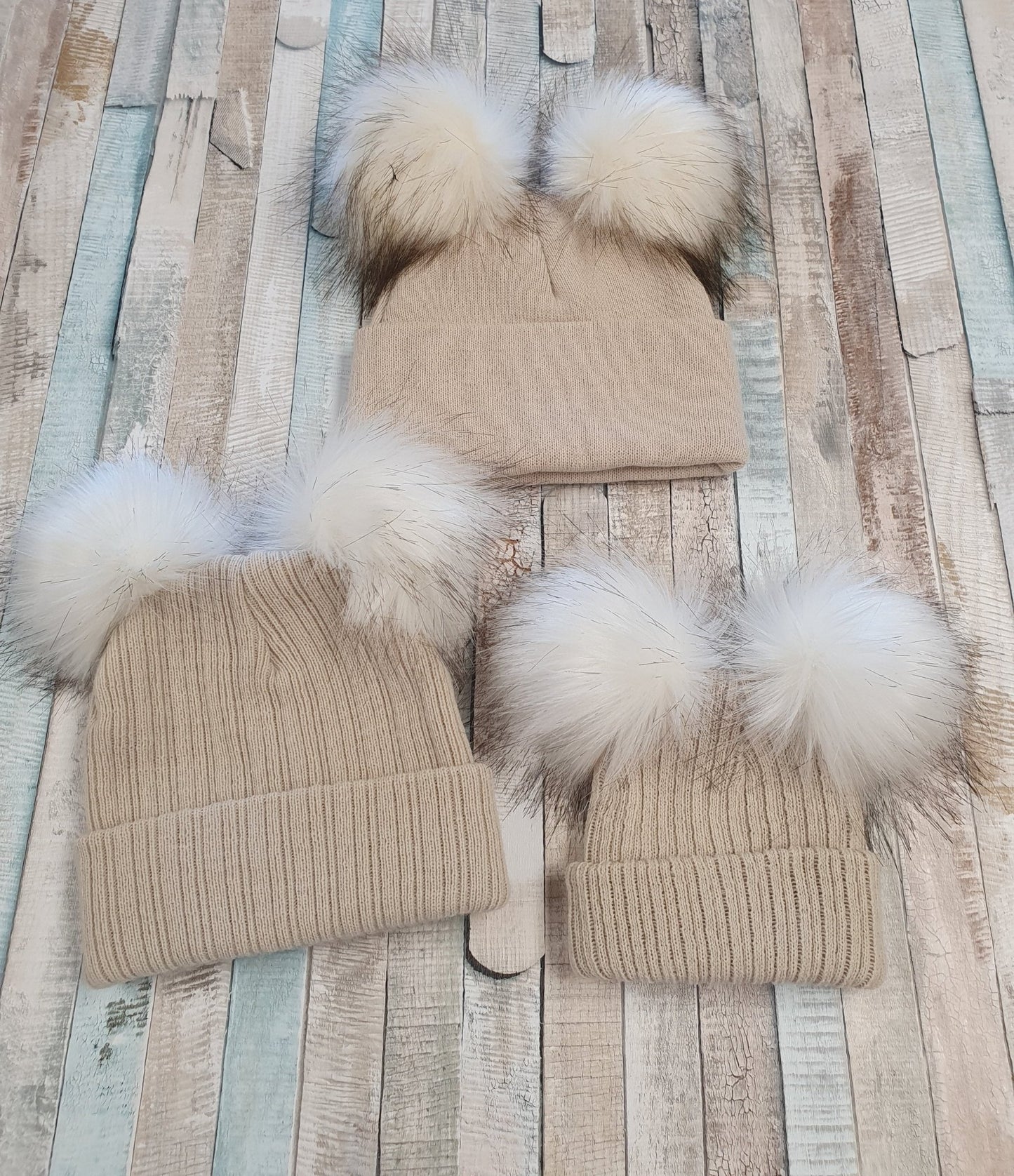 Personalised Beige Double Fluffy Faux Fur Pom Knitted Hat - Nana B Baby & Childrenswear Boutique