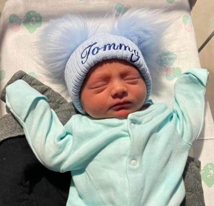 Personalised Blue Knitted Double Blue Fluffy Faux Fur Pom Hat - Nana B Baby & Childrenswear Boutique