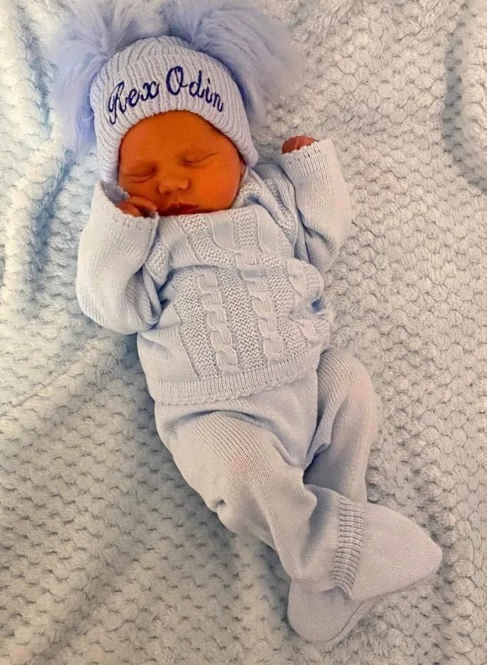 Personalised Blue Knitted Double Blue Fluffy Faux Fur Pom Hat - Nana B Baby & Childrenswear Boutique