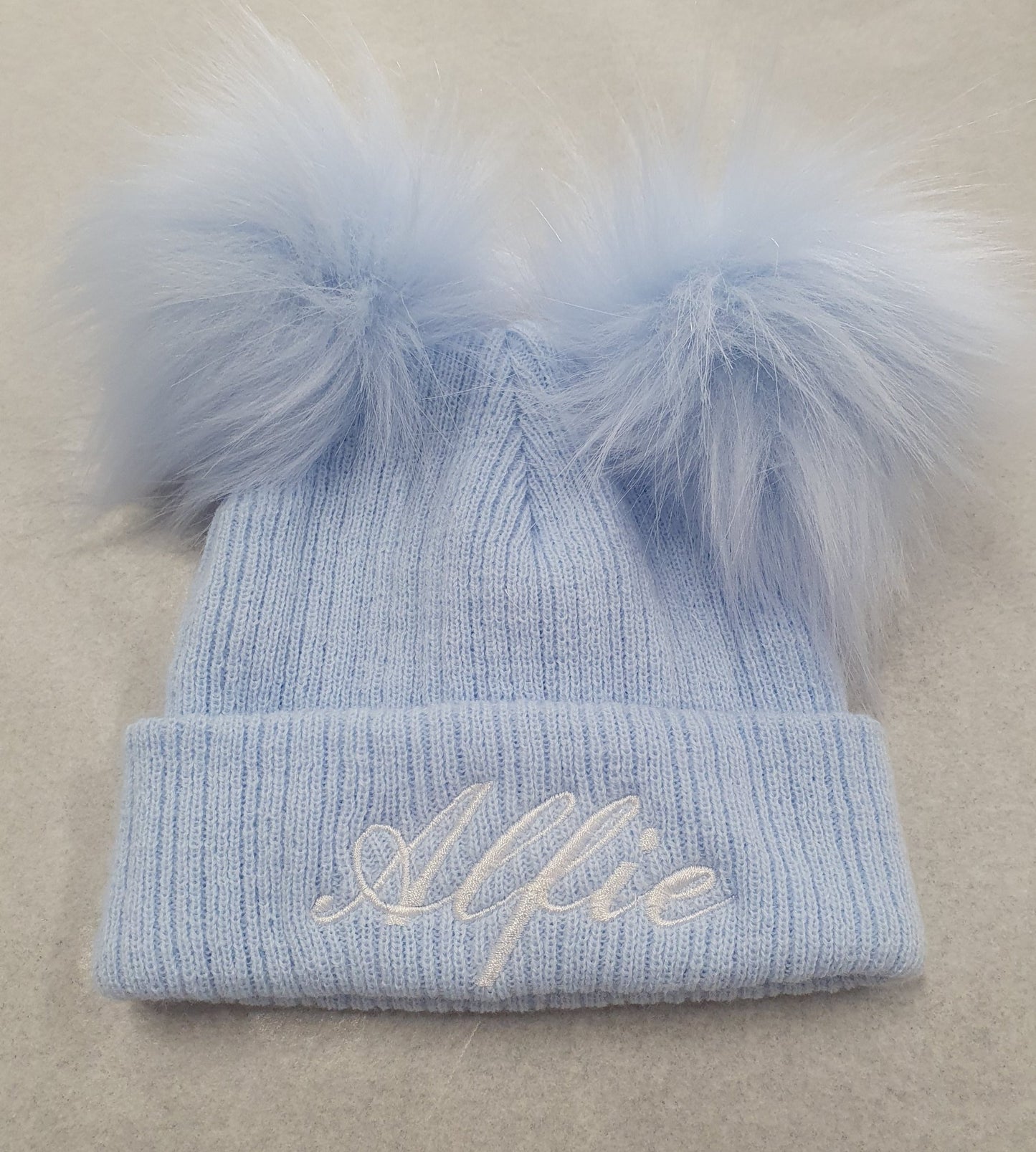 Personalised Blue Knitted Double Blue Fluffy Faux Fur Pom Hat - Nana B Baby & Childrenswear Boutique