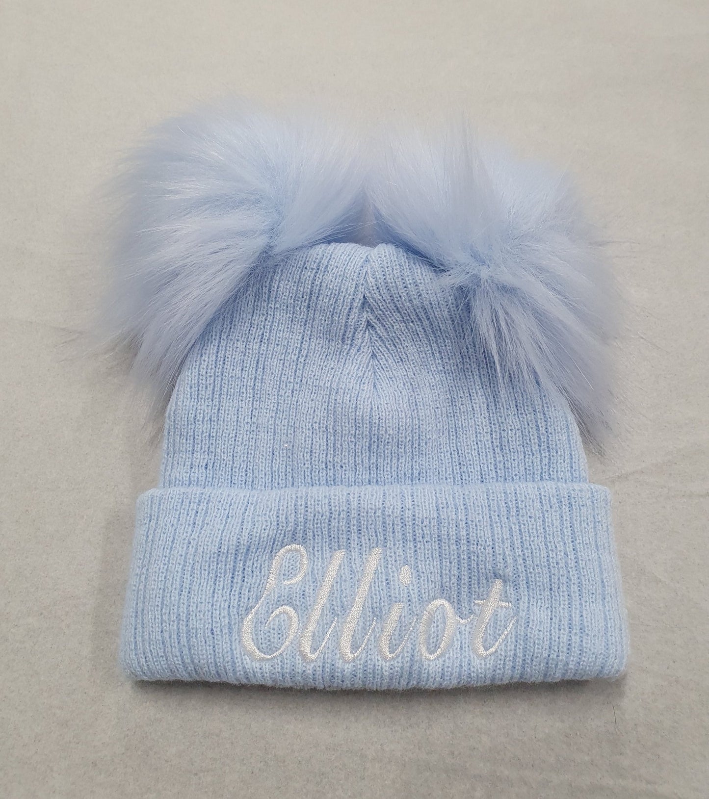 Personalised Blue Knitted Double Blue Fluffy Faux Fur Pom Hat - Nana B Baby & Childrenswear Boutique