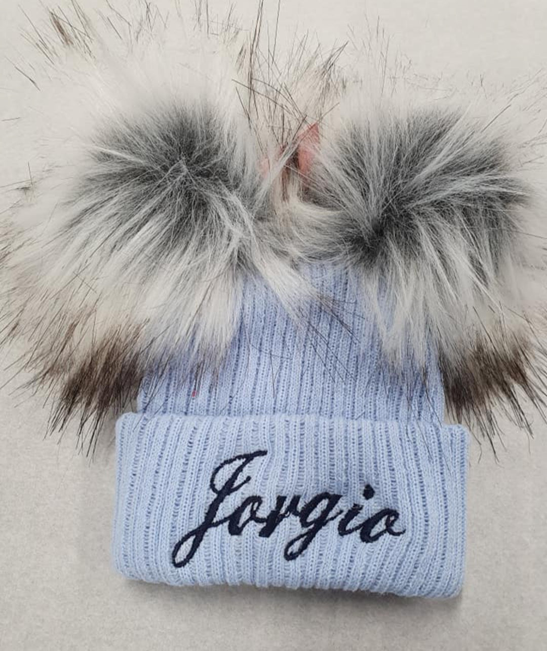 Personalised Blue Knitted Double Grey Fluffy Faux Fur Pom Hat - Nana B Baby & Childrenswear Boutique