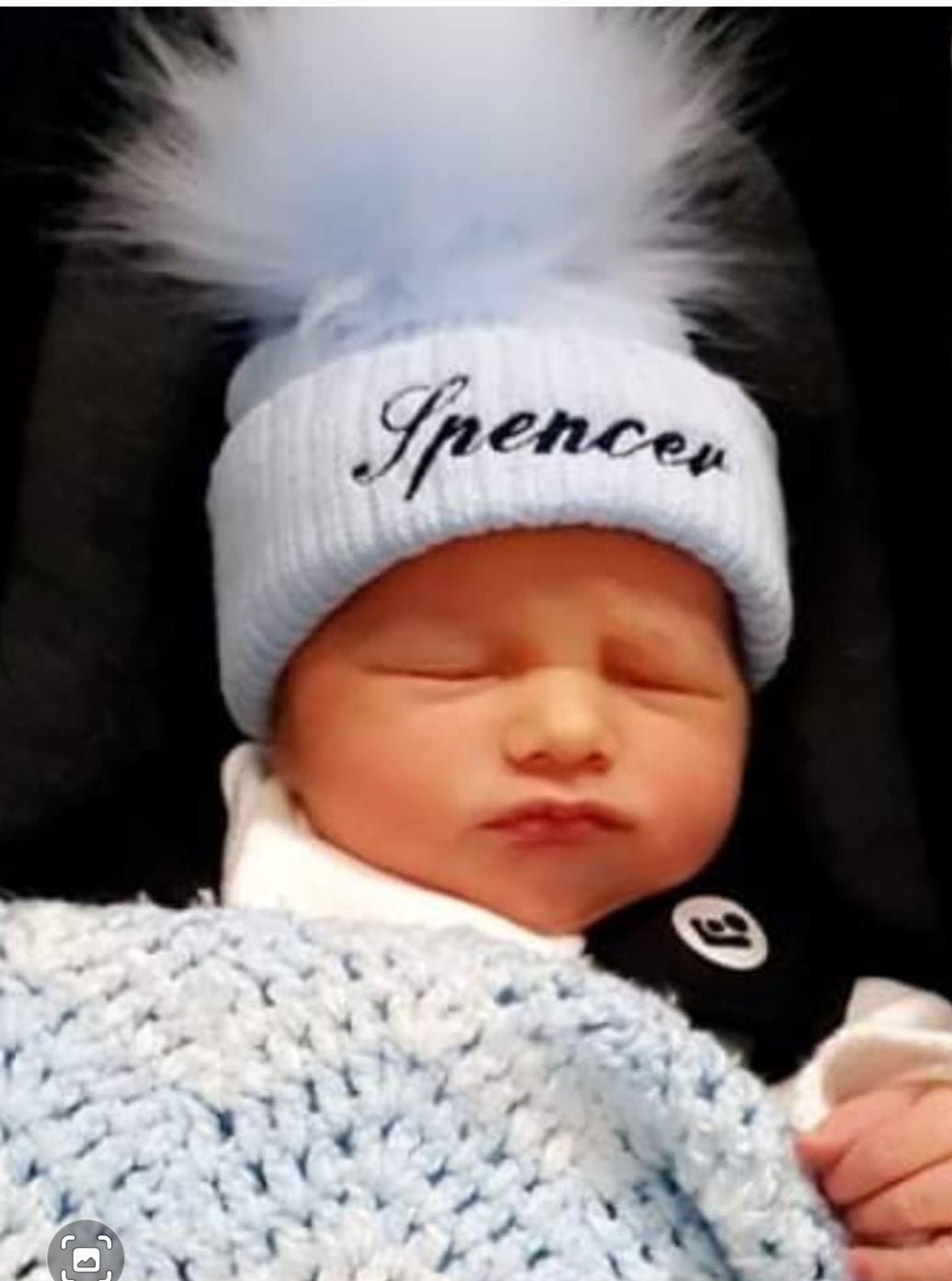 Personalised Blue Knitted Single Blue Fluffy Faux Fur Pom Hat - Nana B Baby & Childrenswear Boutique