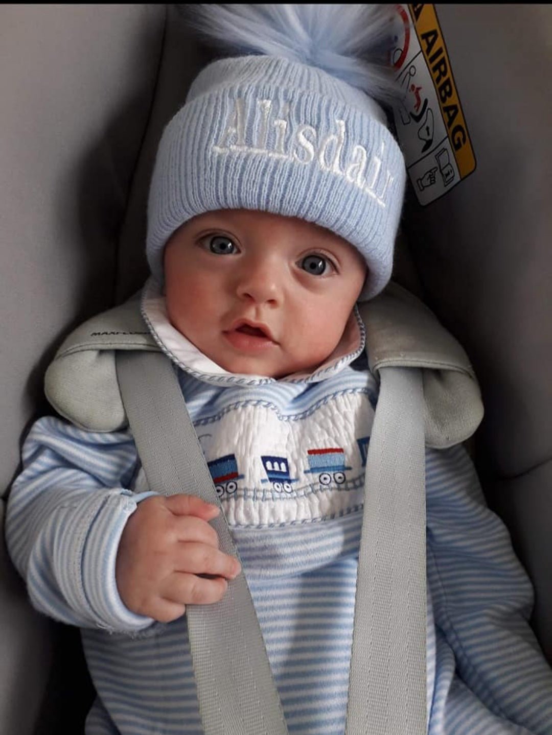 Personalised Blue Knitted Single Blue Fluffy Faux Fur Pom Hat - Nana B Baby & Childrenswear Boutique