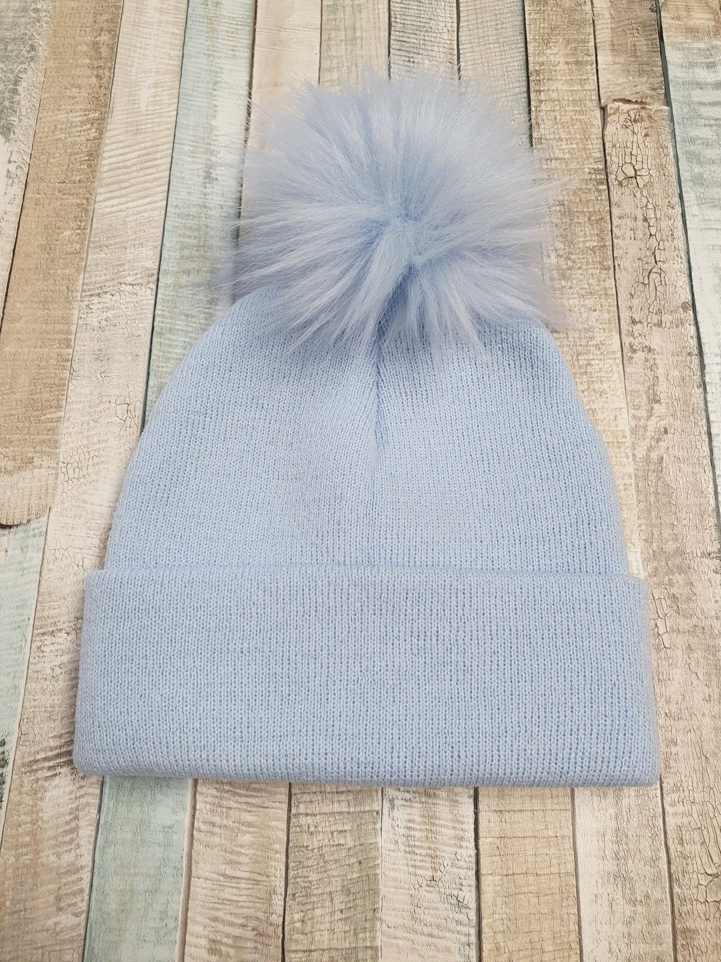 Personalised Blue Knitted Single Blue Fluffy Faux Fur Pom Hat - Nana B Baby & Childrenswear Boutique