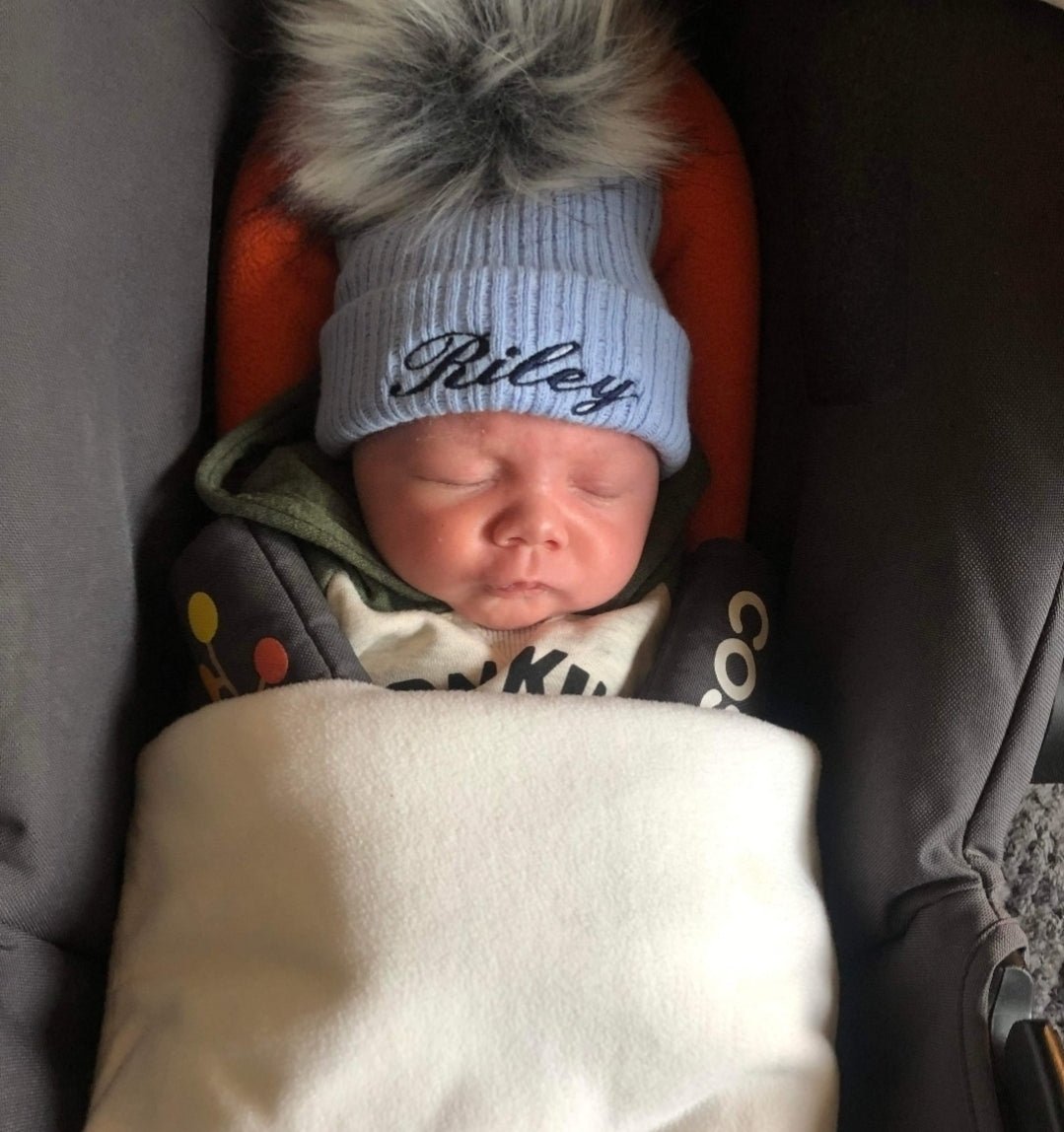 Personalised Blue Knitted Single Grey Fluffy Faux Fur Pom Hat - Nana B Baby & Childrenswear Boutique