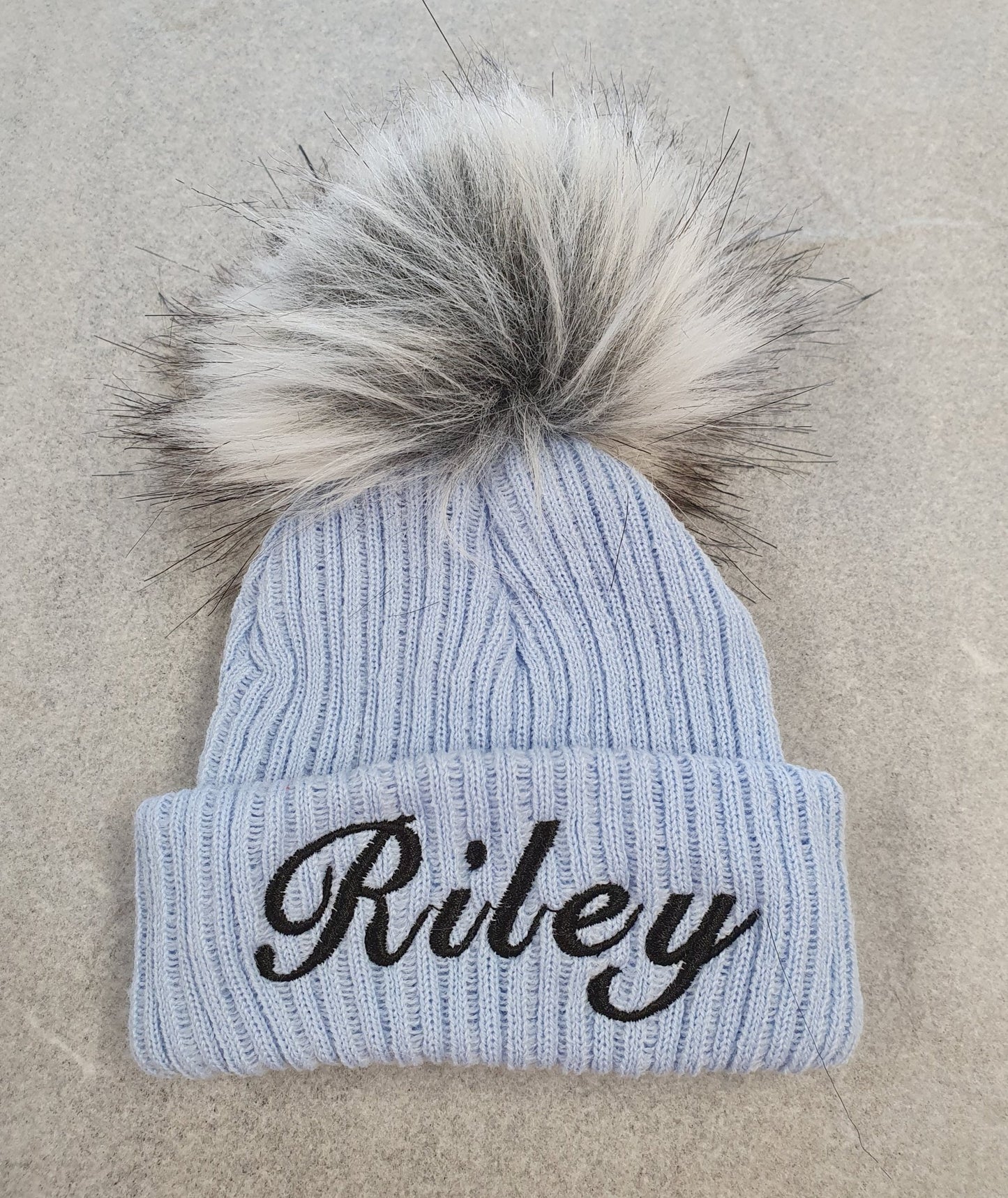 Personalised Blue Knitted Single Grey Fluffy Faux Fur Pom Hat - Nana B Baby & Childrenswear Boutique