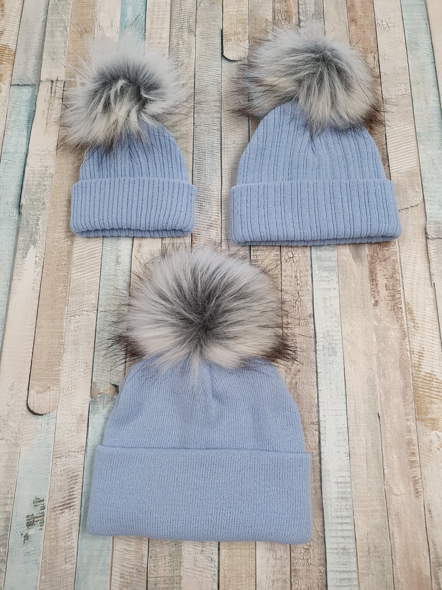 Personalised Blue Knitted Single Grey Fluffy Faux Fur Pom Hat - Nana B Baby & Childrenswear Boutique