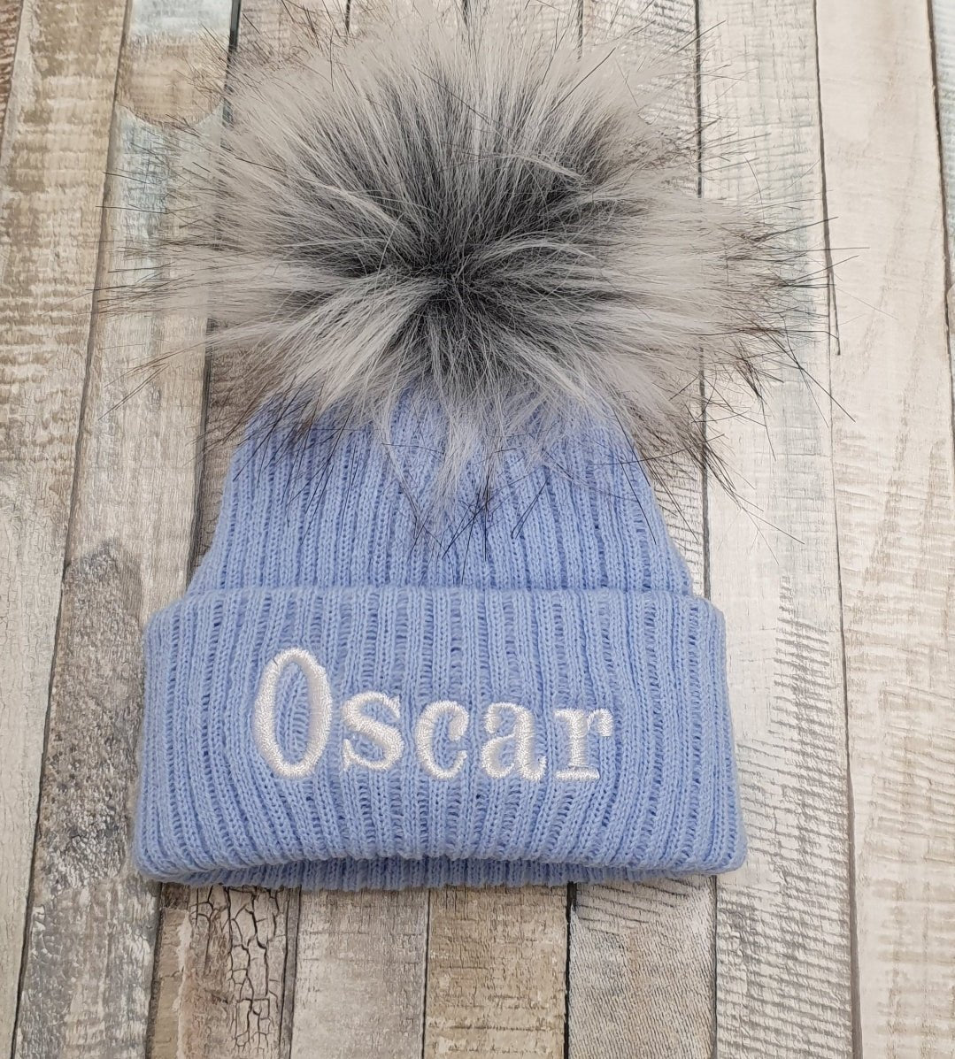 Personalised Blue Knitted Single Grey Fluffy Faux Fur Pom Hat - Nana B Baby & Childrenswear Boutique