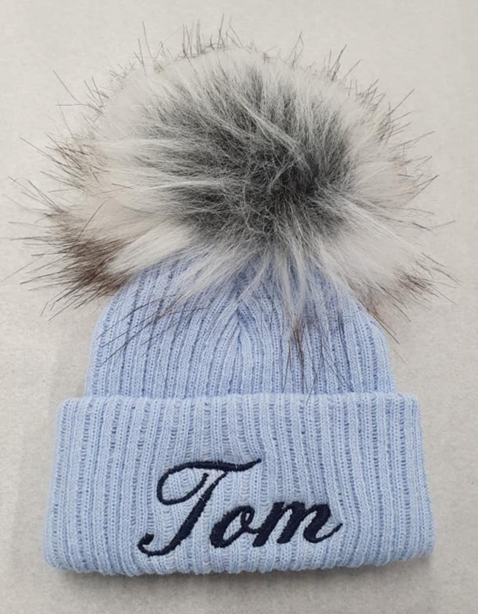 Personalised Blue Knitted Single Grey Fluffy Faux Fur Pom Hat - Nana B Baby & Childrenswear Boutique