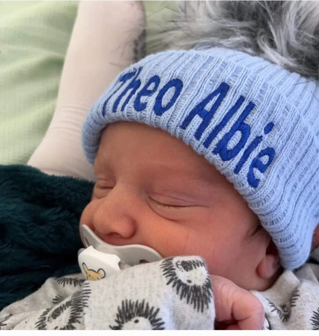 Personalised Blue Knitted Single Grey Fluffy Faux Fur Pom Hat - Nana B Baby & Childrenswear Boutique