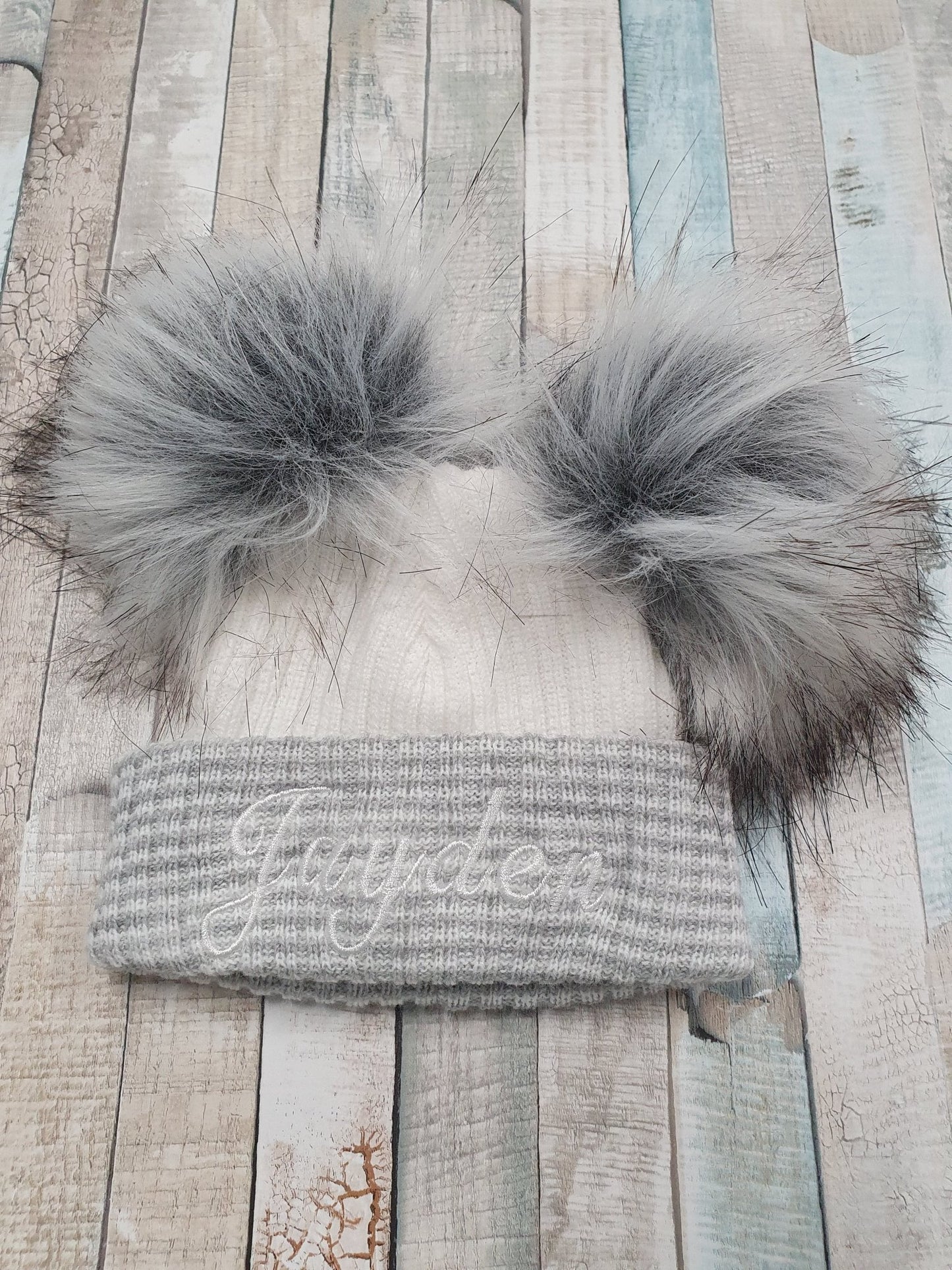 Personalised First Size Ribbed Double Fluffy Faux Fur Pom Hats - Nana B Baby & Childrenswear Boutique