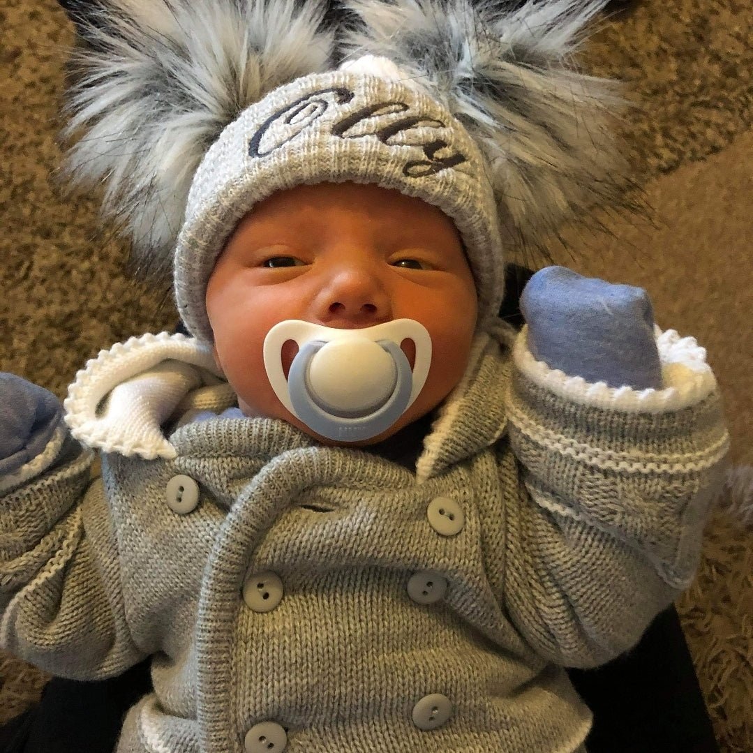 Personalised First Size Ribbed Double Fluffy Faux Fur Pom Hats - Nana B Baby & Childrenswear Boutique