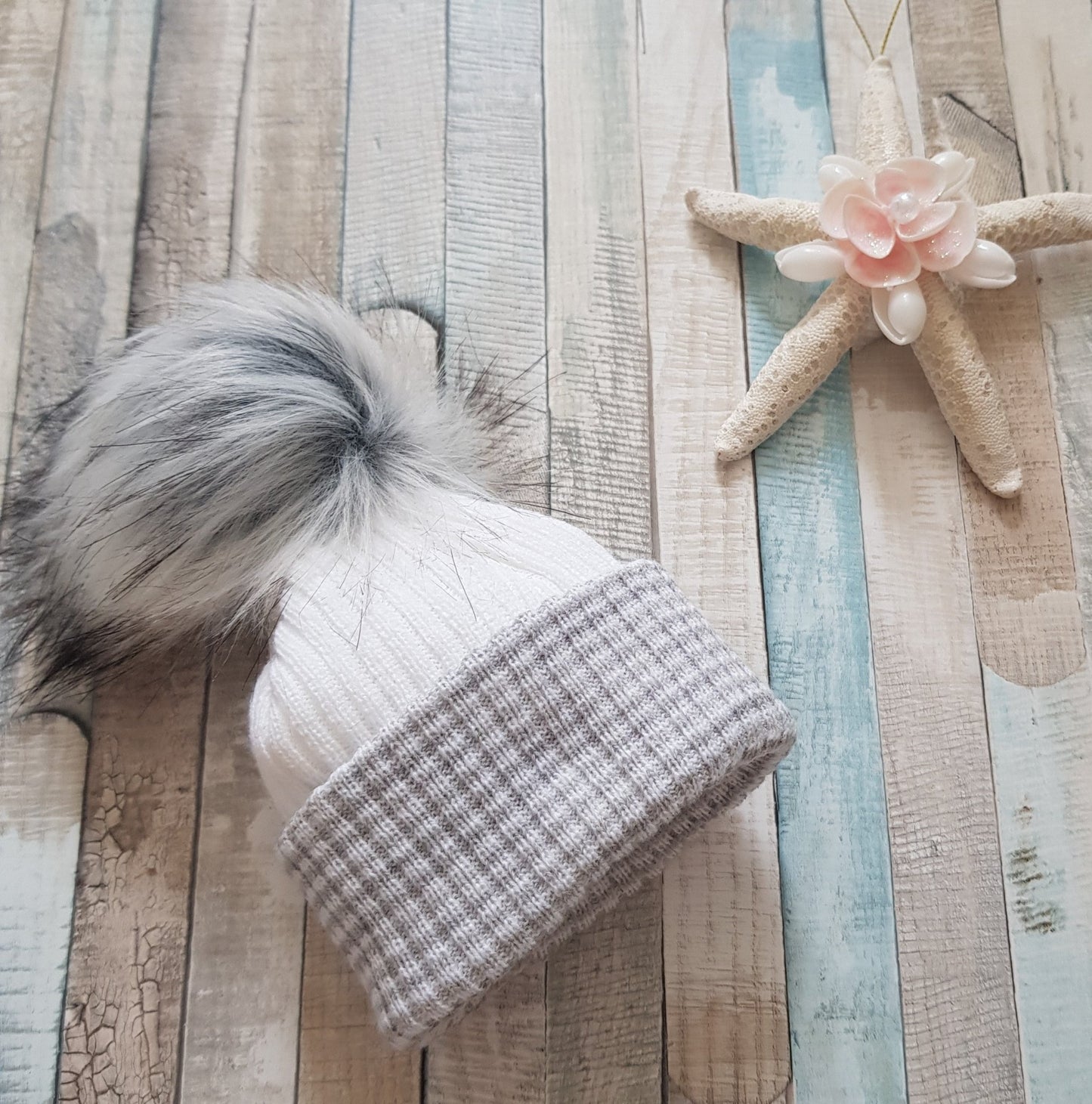 Personalised First Size Ribbed Single Fluffy Faux Fur Pom Hats - Nana B Baby & Childrenswear Boutique