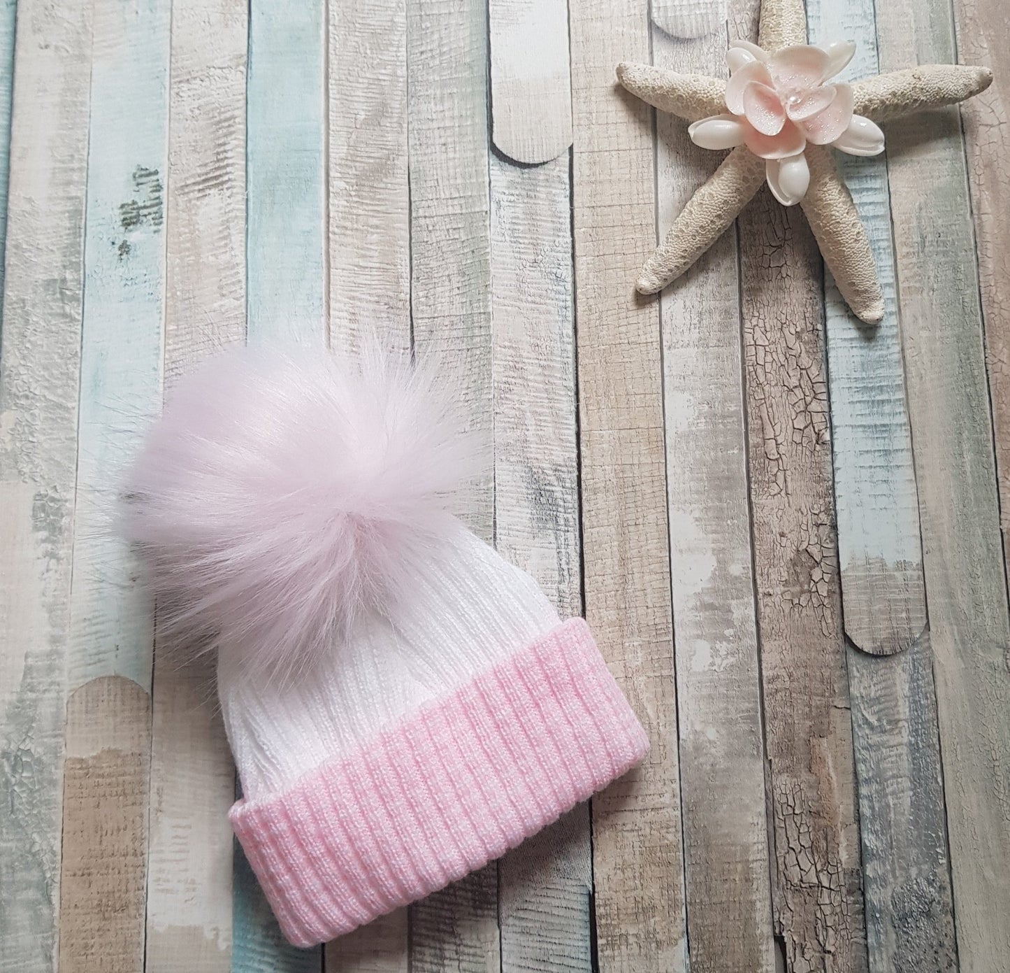 Personalised First Size Ribbed Single Fluffy Faux Fur Pom Hats - Nana B Baby & Childrenswear Boutique
