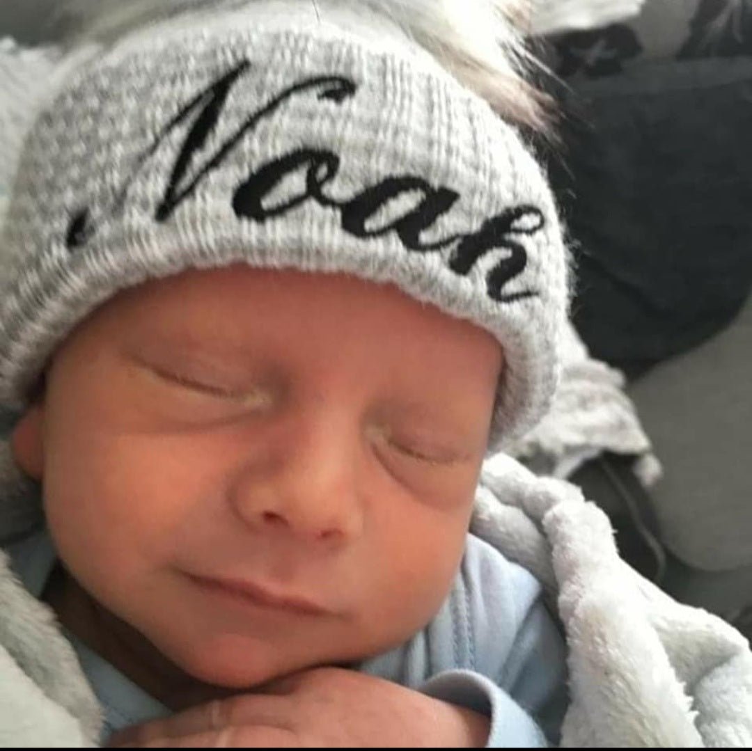 Personalised First Size Ribbed Single Fluffy Faux Fur Pom Hats - Nana B Baby & Childrenswear Boutique