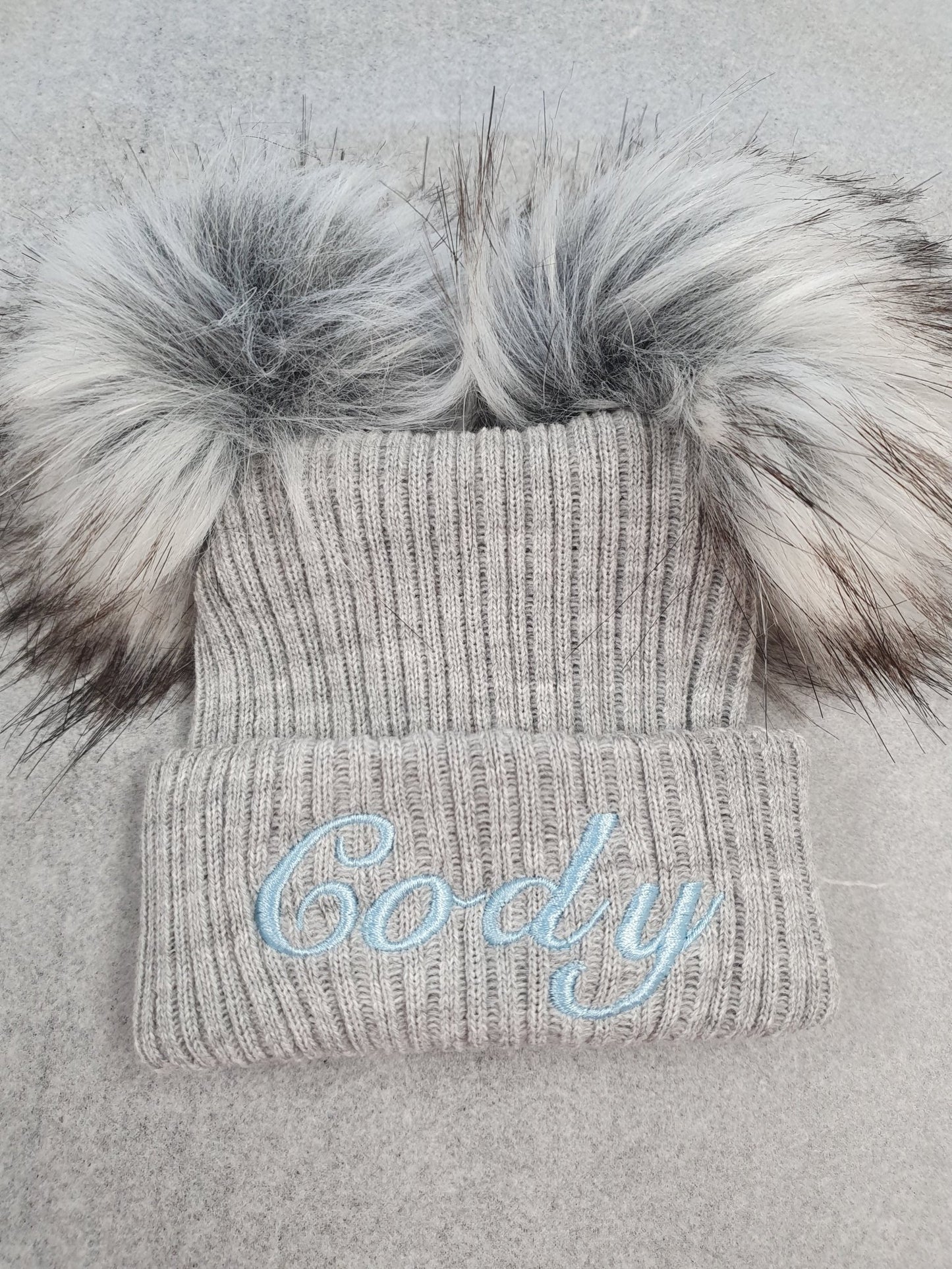 Personalised Grey Knitted Double Fluffy Faux Fur Pom Hat - Nana B Baby & Childrenswear Boutique