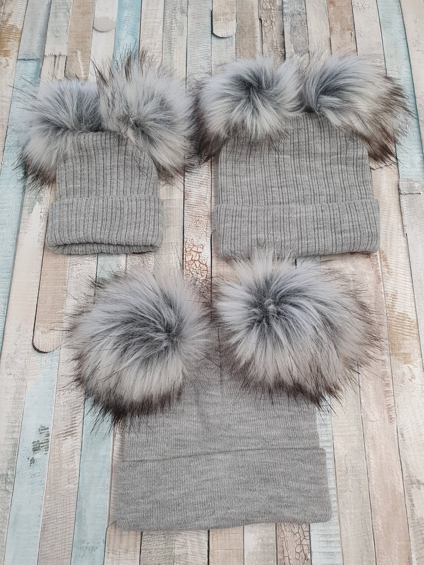 Personalised Grey Knitted Double Fluffy Faux Fur Pom Hat - Nana B Baby & Childrenswear Boutique