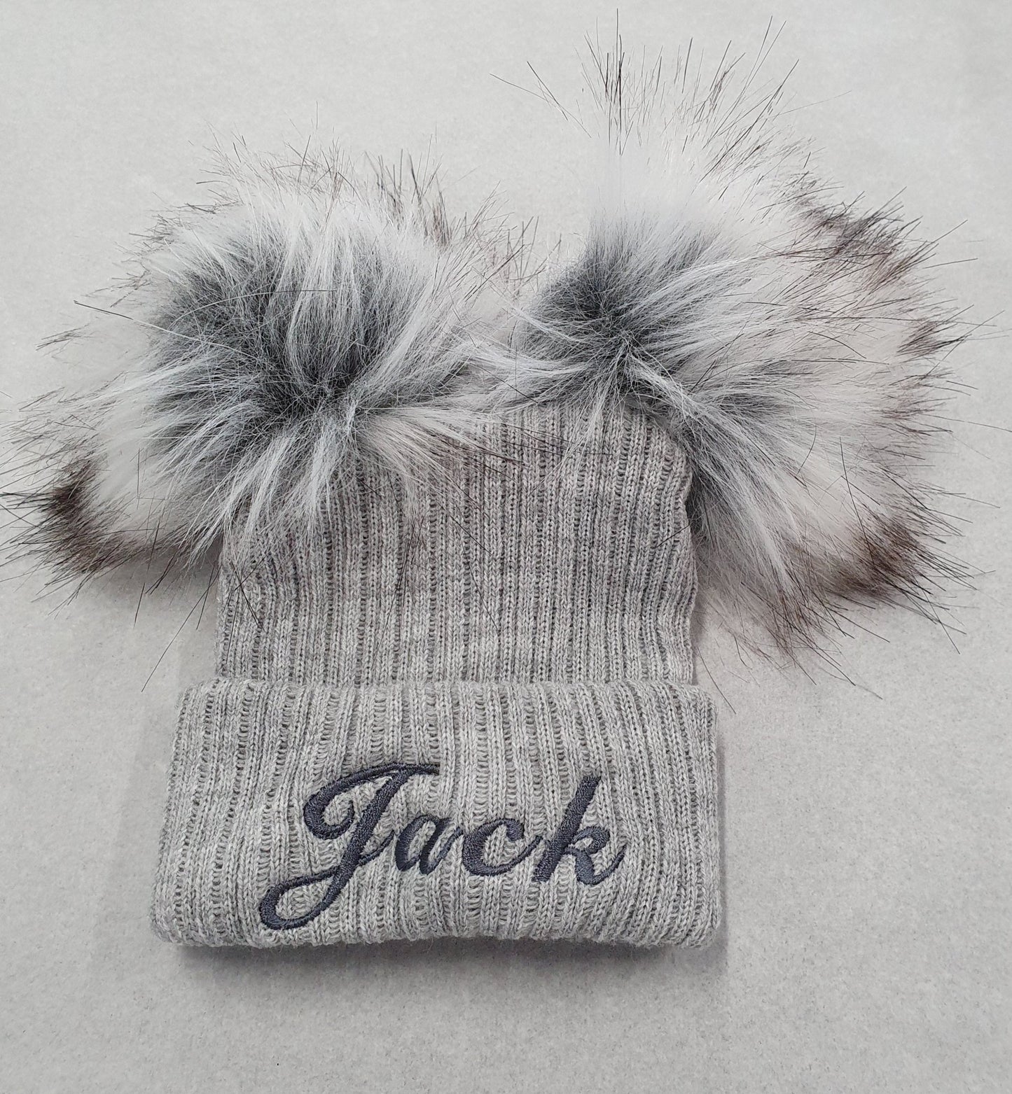 Personalised Grey Knitted Double Fluffy Faux Fur Pom Hat - Nana B Baby & Childrenswear Boutique