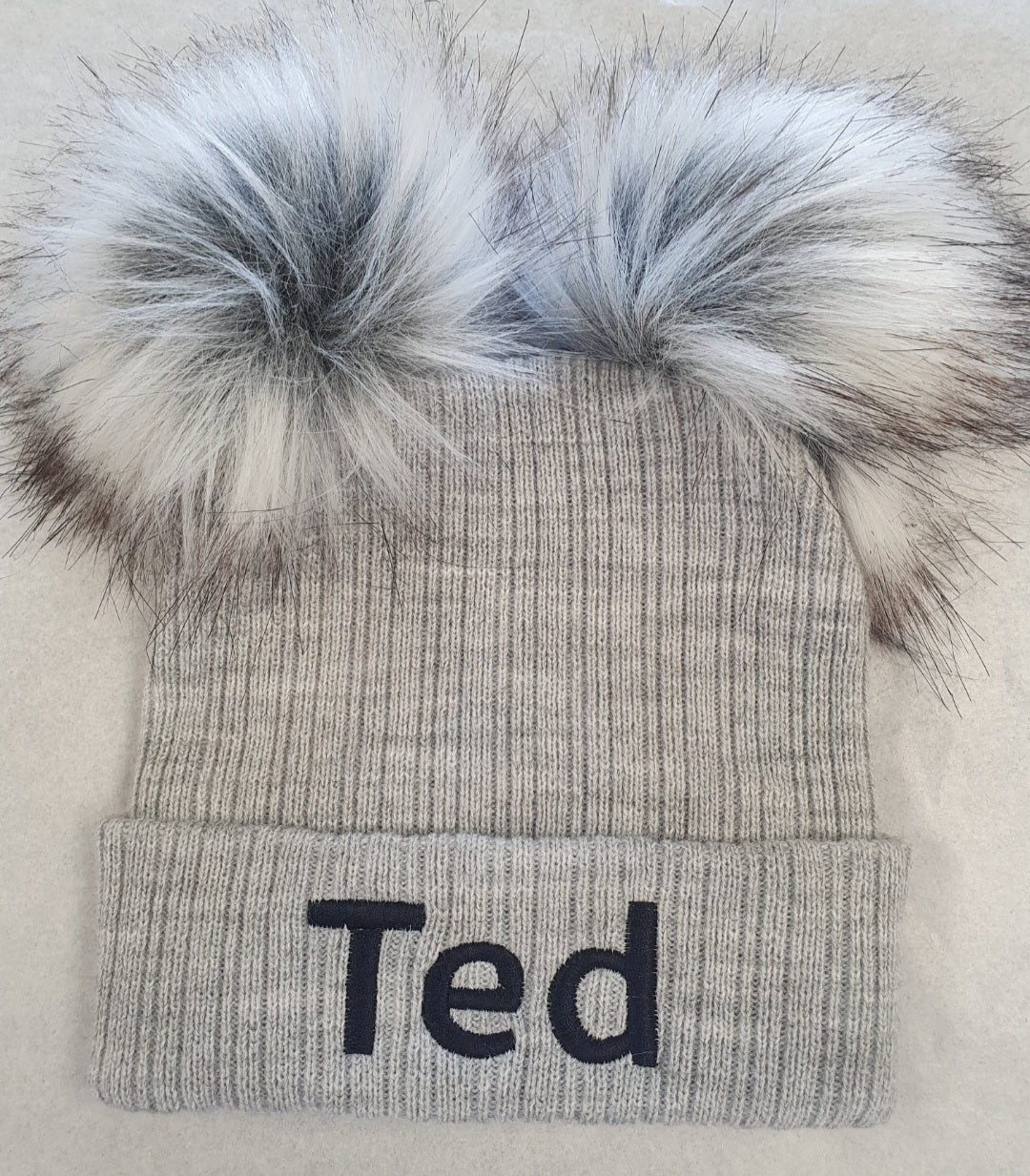 Personalised Grey Knitted Double Fluffy Faux Fur Pom Hat - Nana B Baby & Childrenswear Boutique