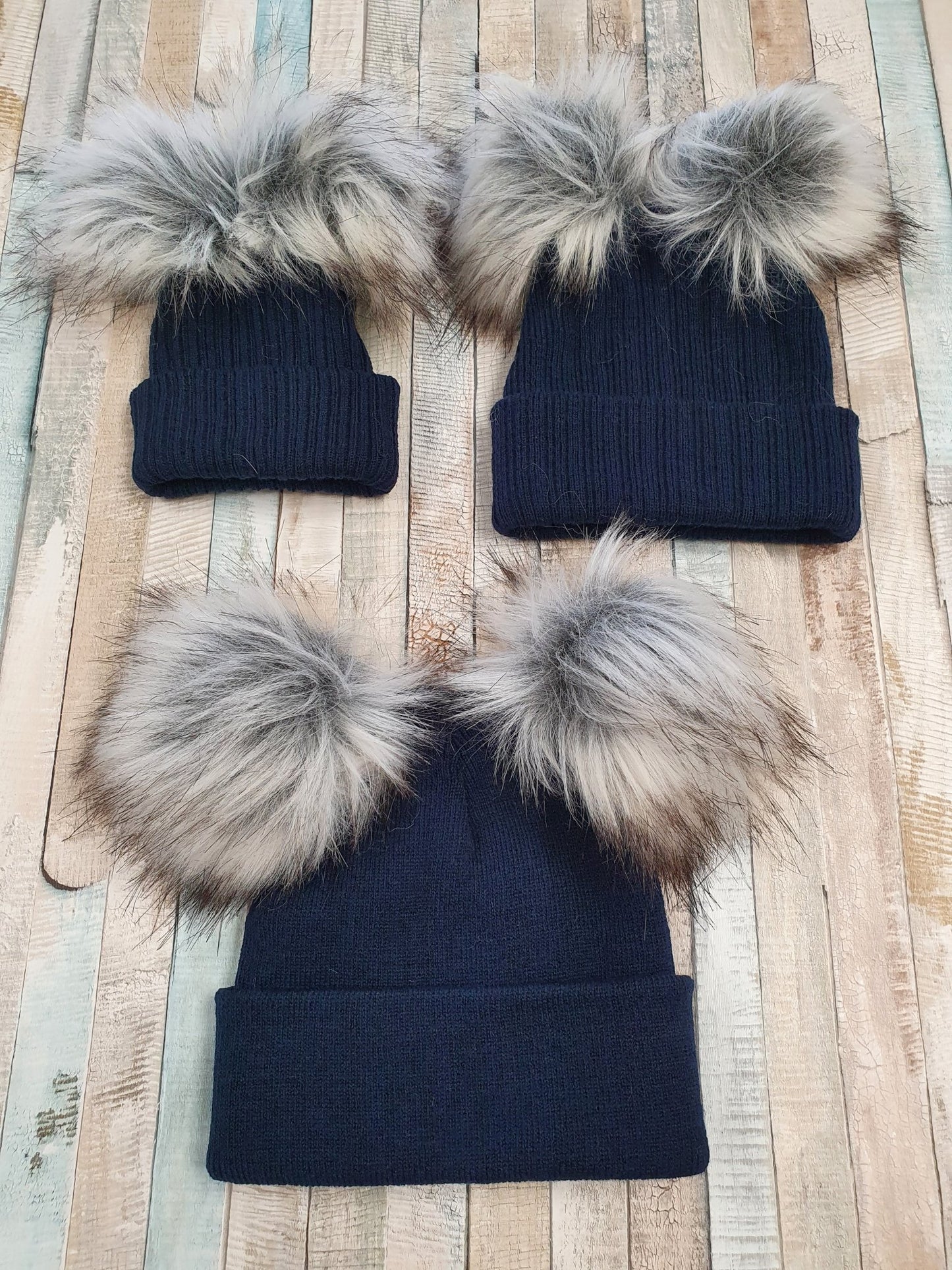 Personalised Navy Knitted Double Grey Fluffy Faux Fur Pom Hat - Nana B Baby & Childrenswear Boutique