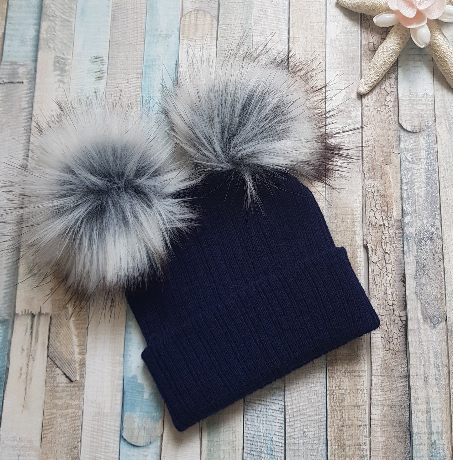 Personalised Navy Knitted Double Grey Fluffy Faux Fur Pom Hat - Nana B Baby & Childrenswear Boutique