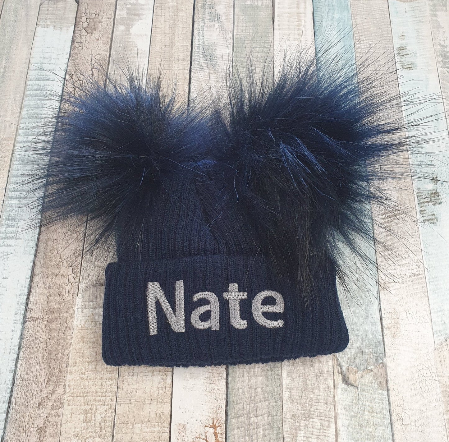 Personalised Navy Knitted Double Navy Fluffy Faux Fur Pom Hat - Nana B Baby & Childrenswear Boutique