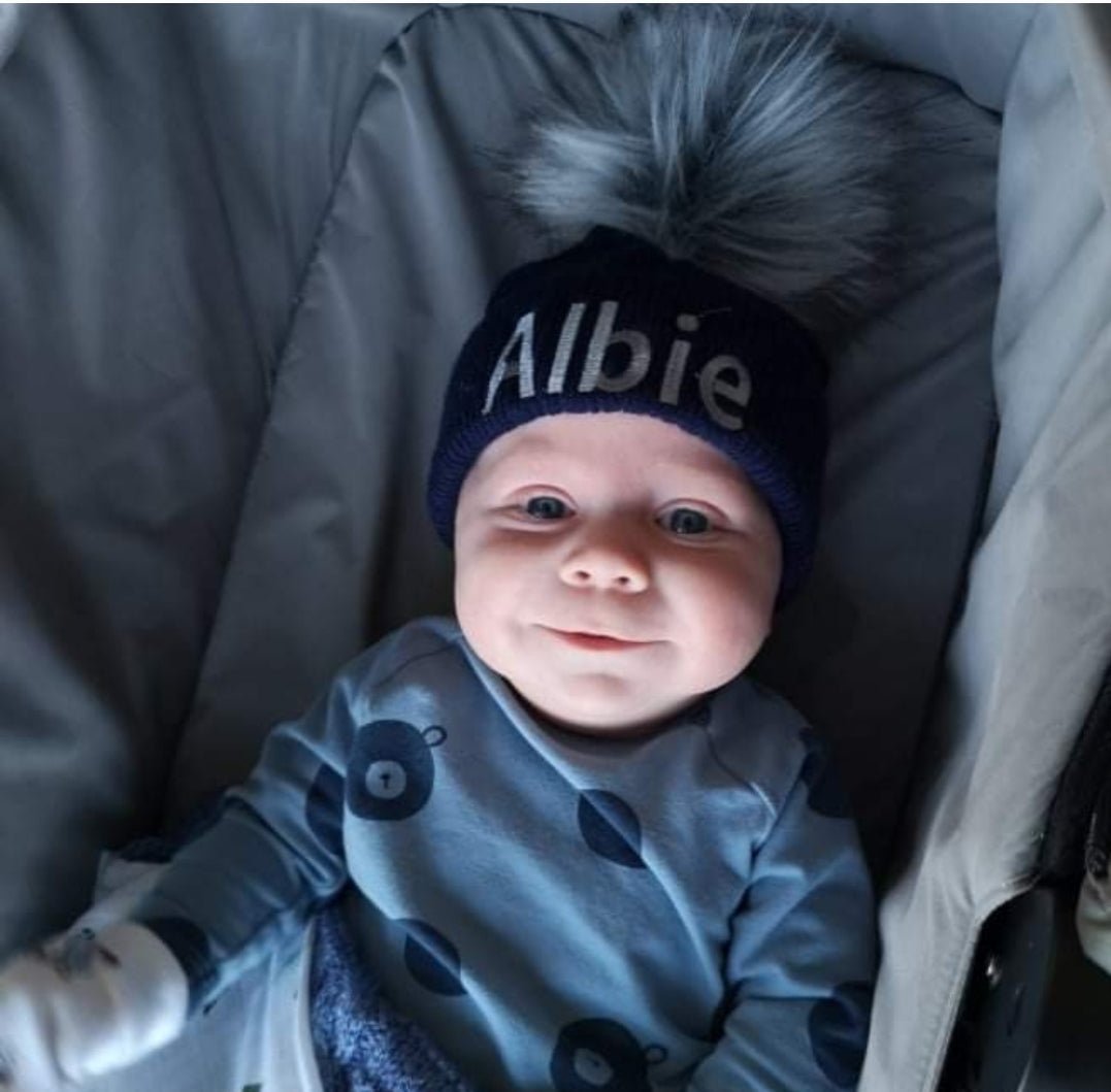 Personalised Navy Knitted Single Grey Fluffy Faux Fur Pom Hat - Nana B Baby & Childrenswear Boutique