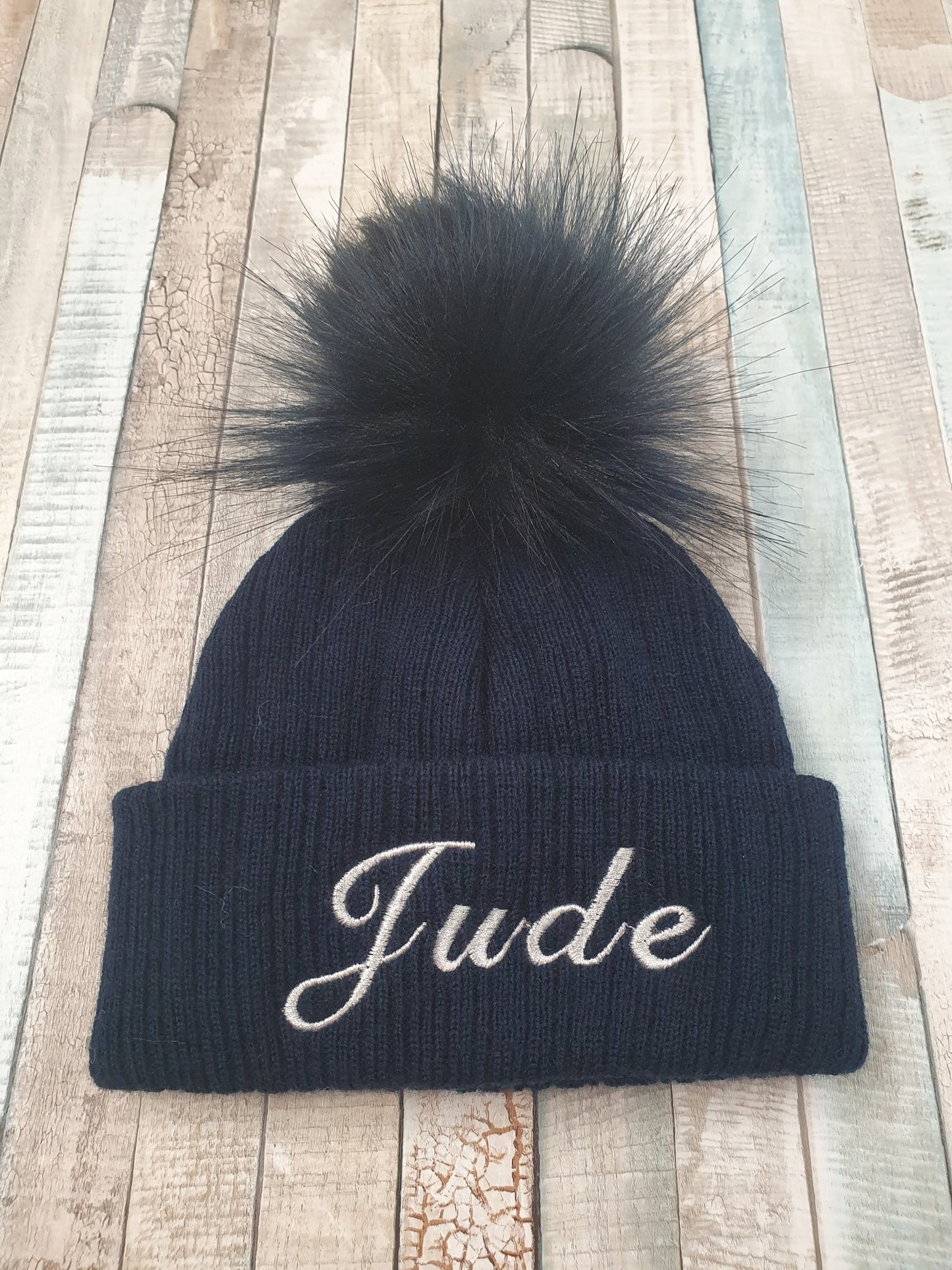 Personalised Navy Knitted Single Navy Fluffy Faux Fur Pom Hat - Nana B Baby & Childrenswear Boutique