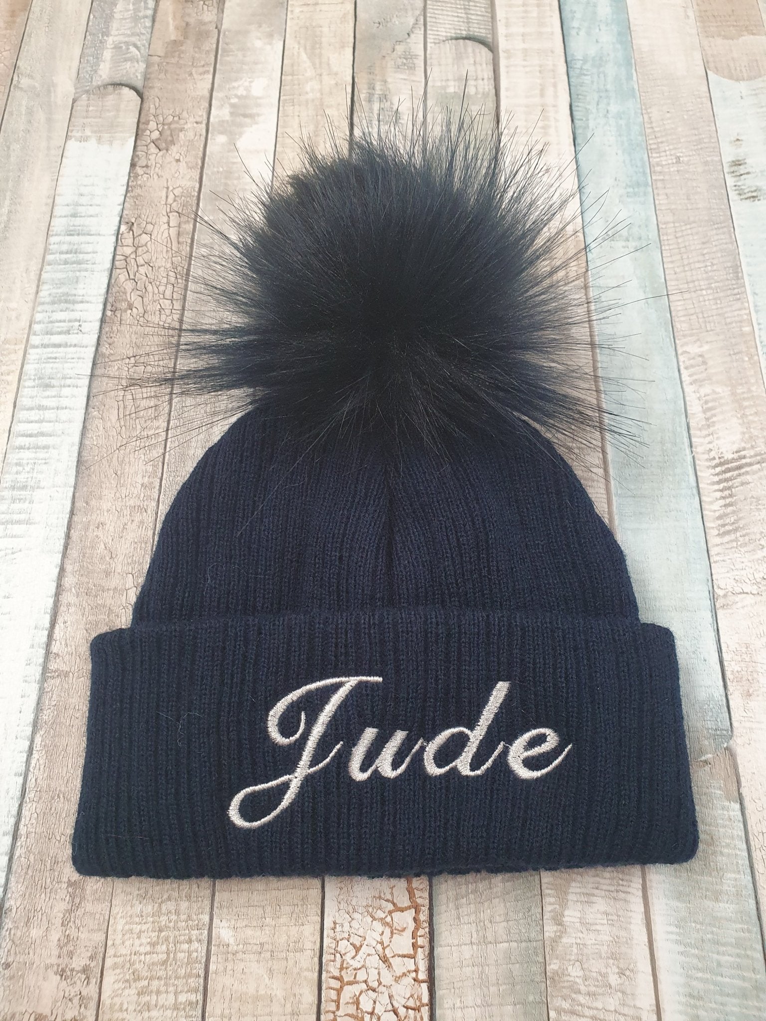 Personalised Navy Knitted Single Navy Fluffy Faux Fur Pom Hat - Nana B Baby & Childrenswear Boutique