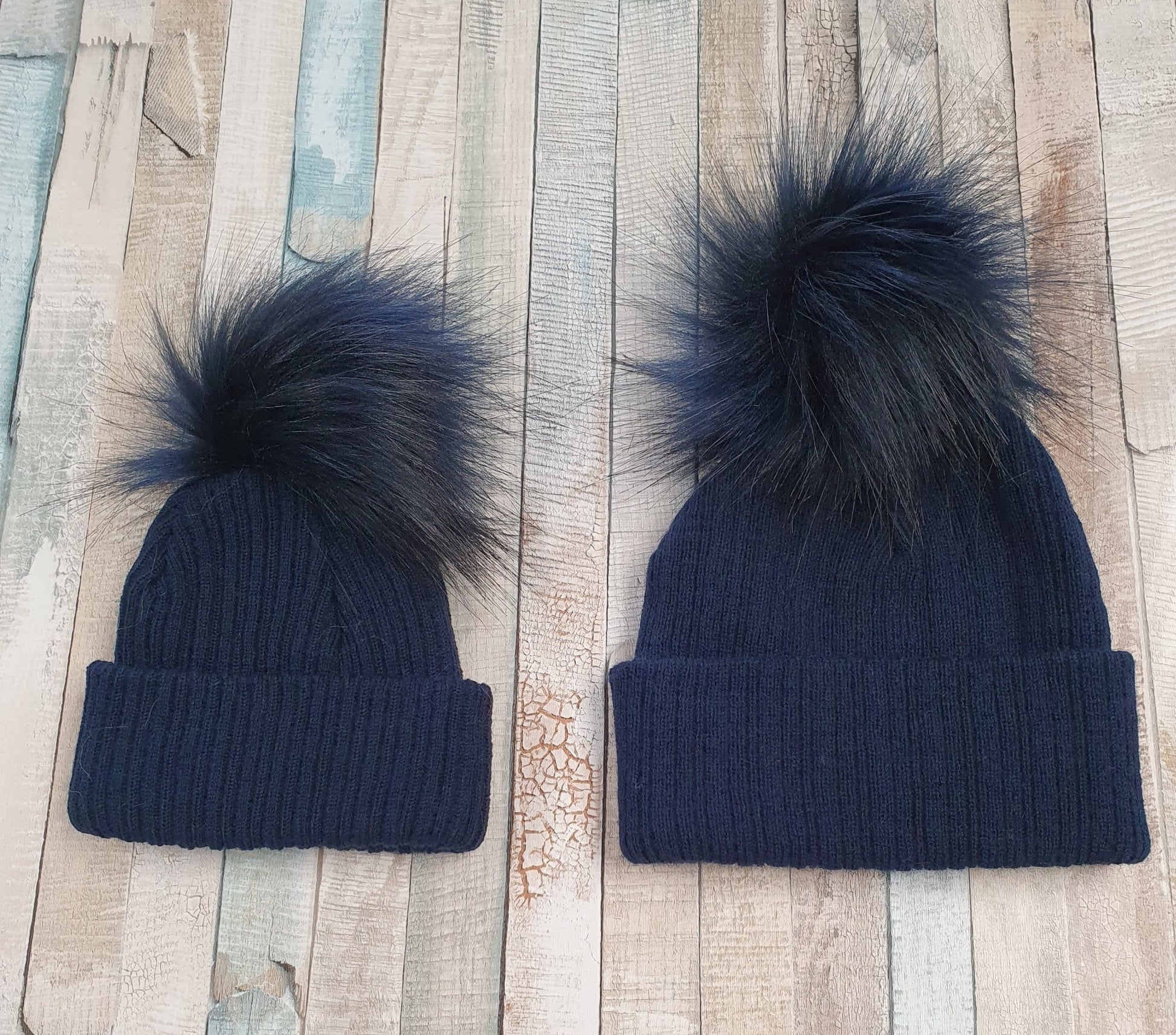 Personalised Navy Knitted Single Navy Fluffy Faux Fur Pom Hat - Nana B Baby & Childrenswear Boutique