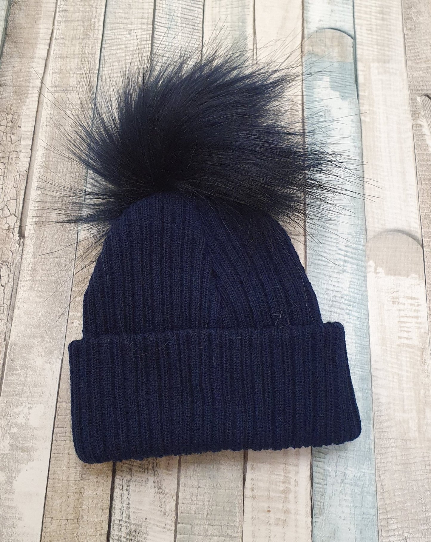 Personalised Navy Knitted Single Navy Fluffy Faux Fur Pom Hat - Nana B Baby & Childrenswear Boutique