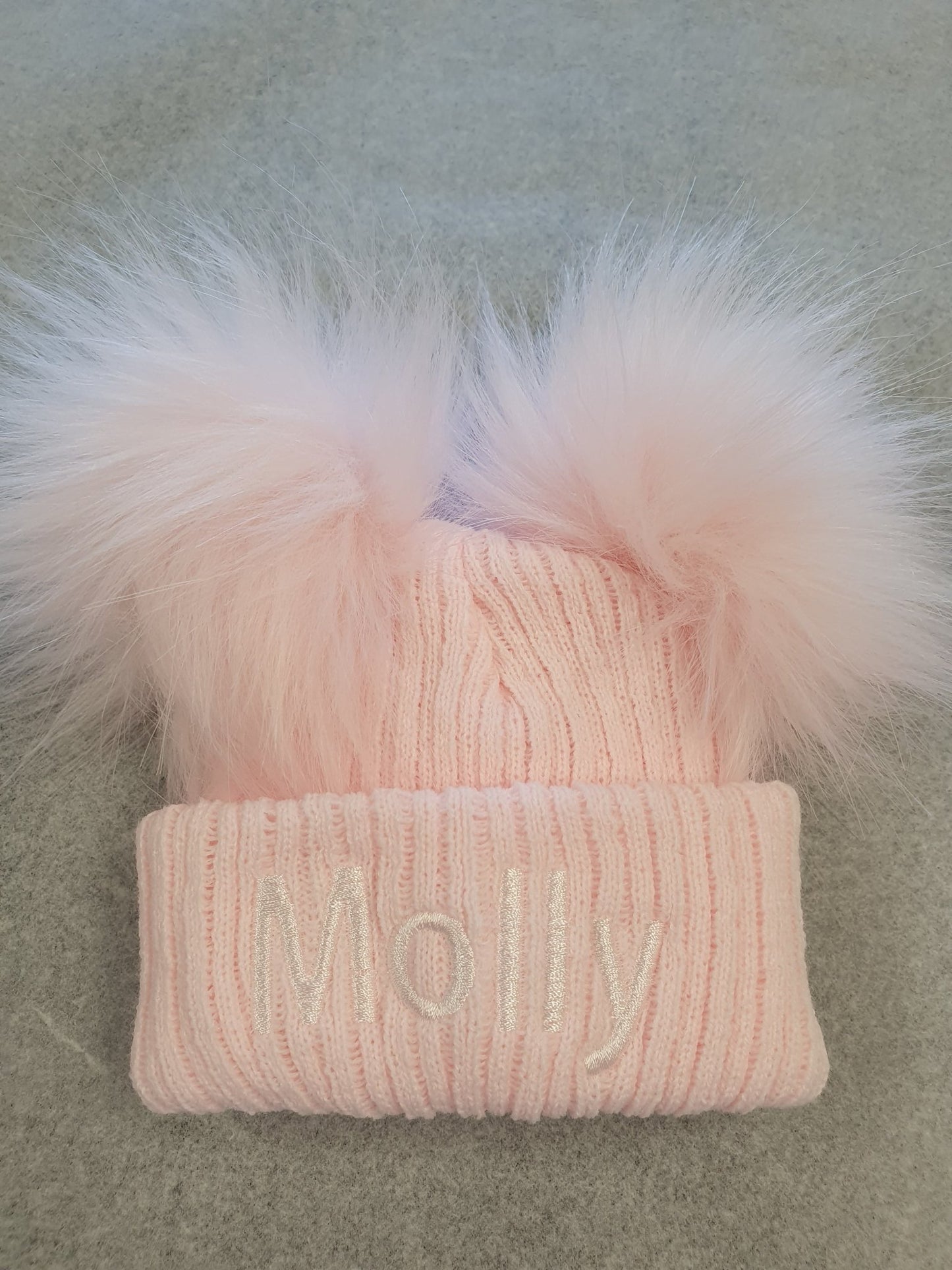Personalised Pink Knitted Double Pink Fluffy Faux Fur Pom Hat - Nana B Baby & Childrenswear Boutique