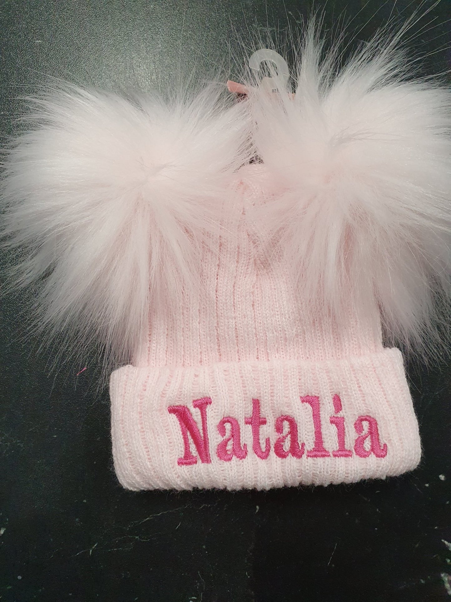 Personalised Pink Knitted Double Pink Fluffy Faux Fur Pom Hat - Nana B Baby & Childrenswear Boutique