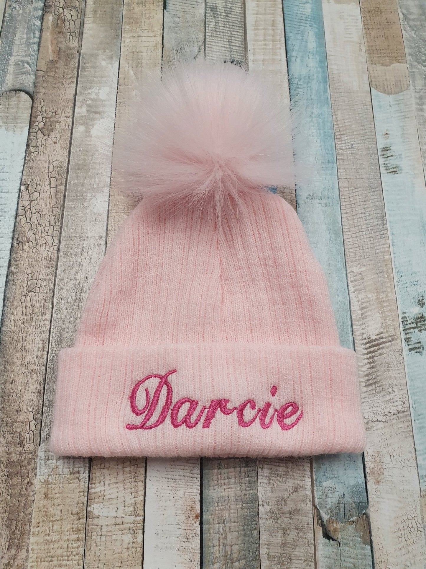 Personalised Pink Knitted Single Pink Fluffy Faux Fur Pom Hat - Nana B Baby & Childrenswear Boutique