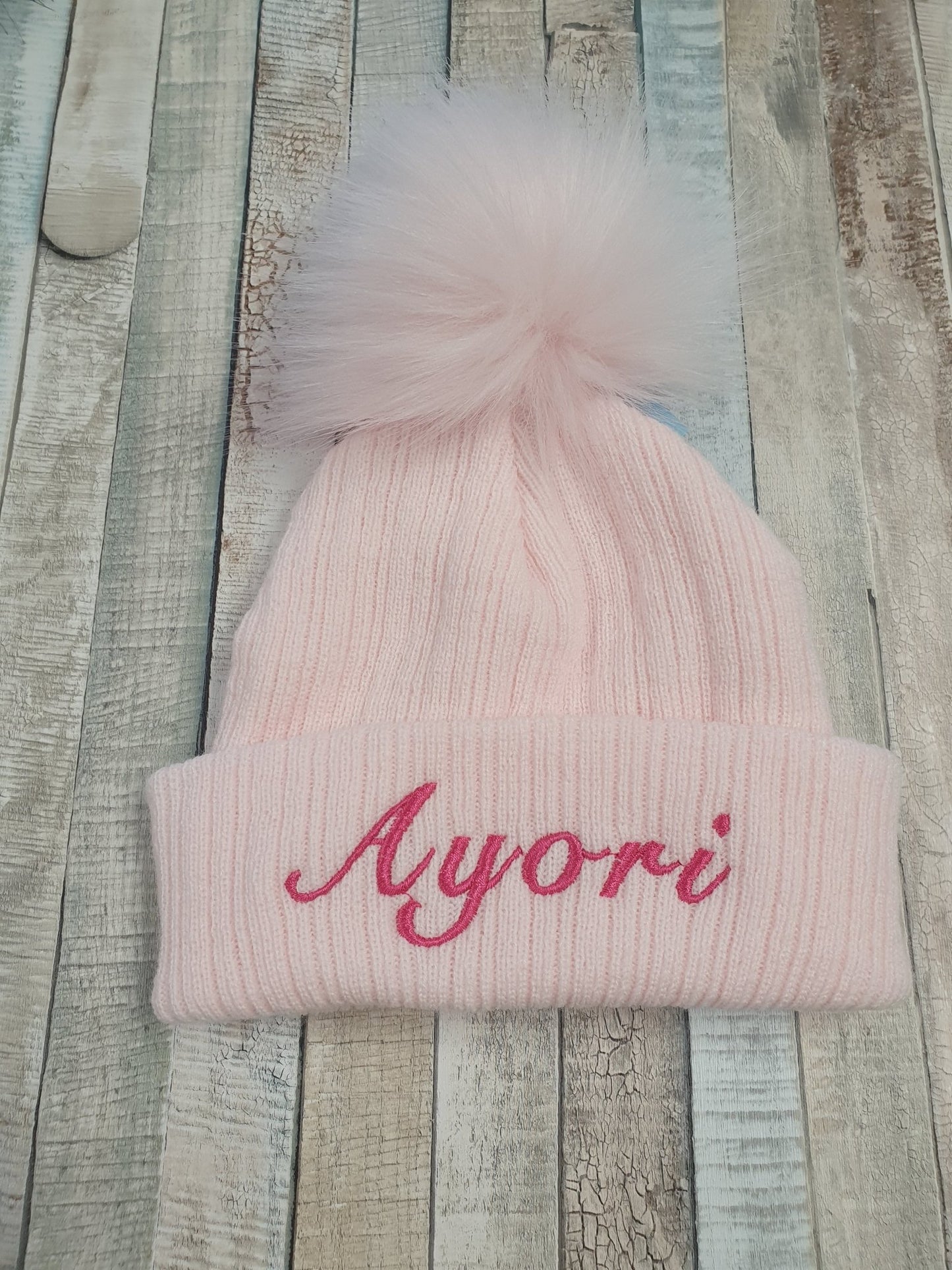 Personalised Pink Knitted Single Pink Fluffy Faux Fur Pom Hat - Nana B Baby & Childrenswear Boutique