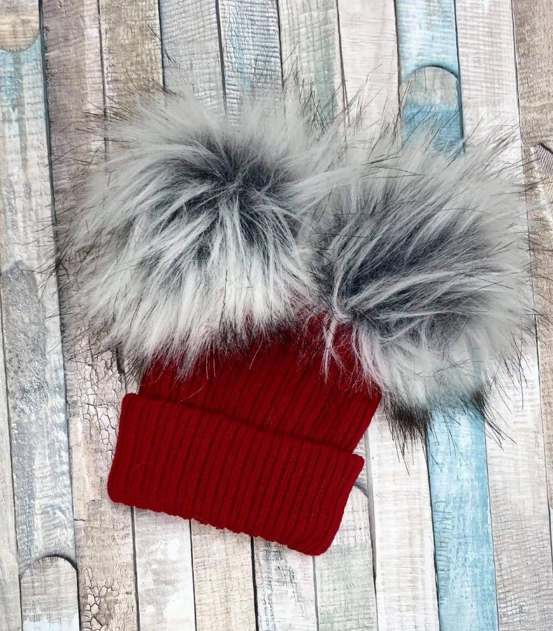 Personalised Red Knitted Double Fluffy Faux Fur Pom Hat - Nana B Baby & Childrenswear Boutique