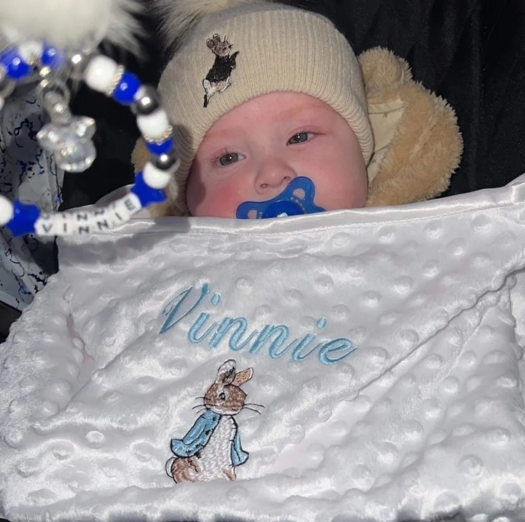 Personalised White Dimple Blanket With Blue Rabbit - Nana B Baby & Childrenswear Boutique
