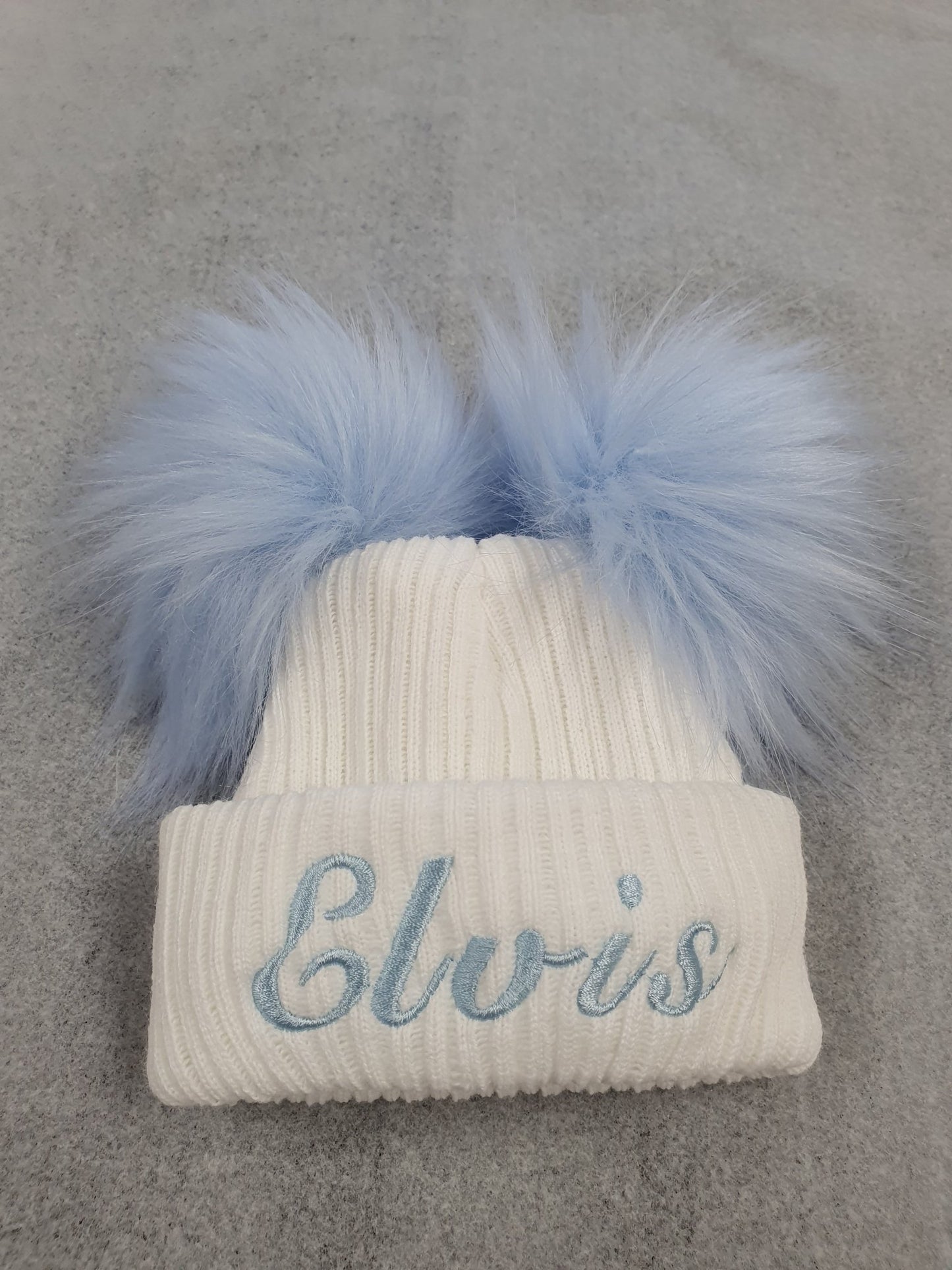 Personalised White Knitted Double Blue Fluffy Faux Fur Pom Hat - Nana B Baby & Childrenswear Boutique