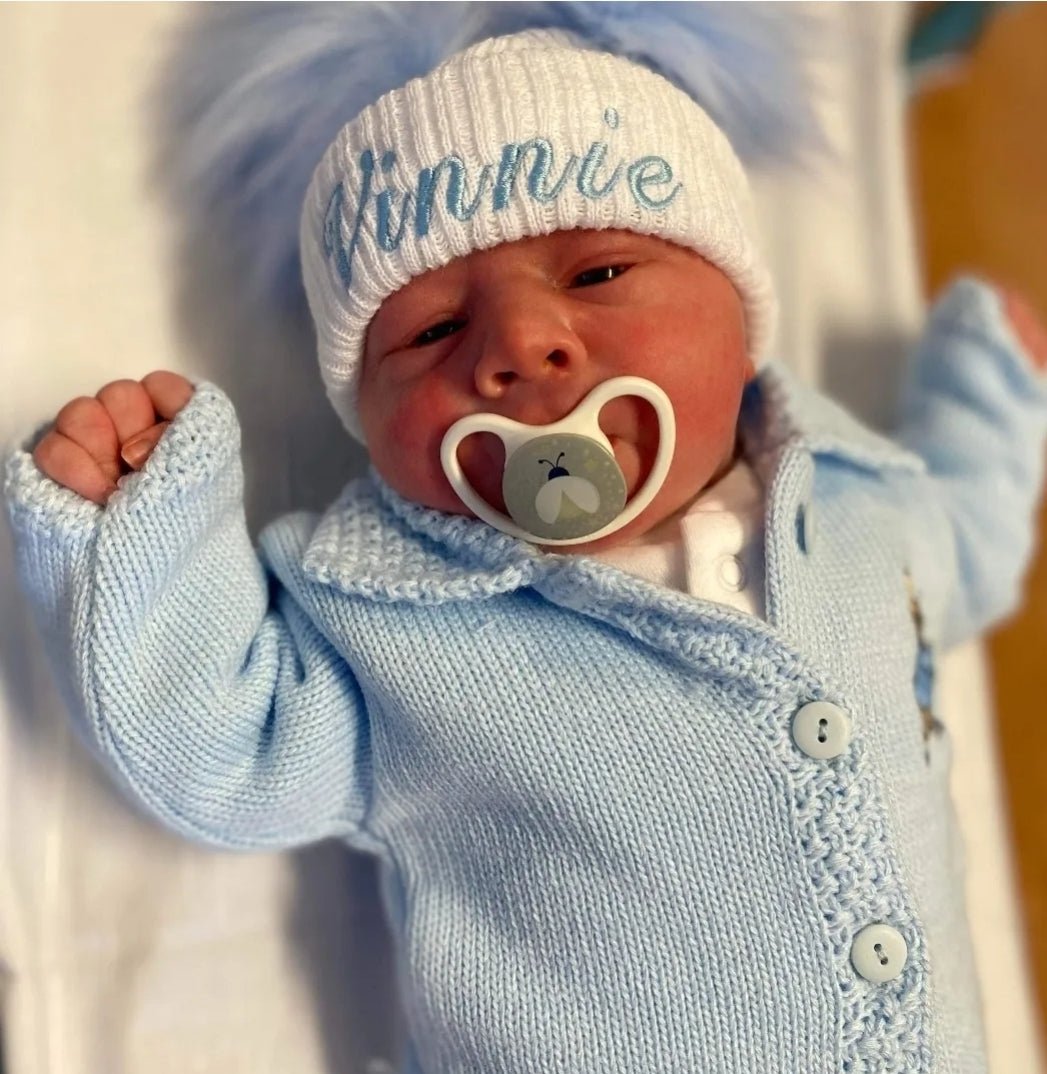 Personalised White Knitted Double Blue Fluffy Faux Fur Pom Hat - Nana B Baby & Childrenswear Boutique