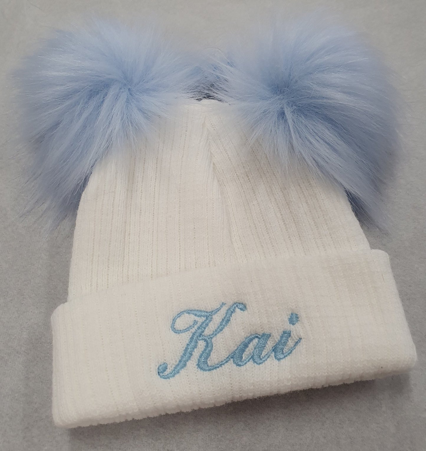 Personalised White Knitted Double Blue Fluffy Faux Fur Pom Hat - Nana B Baby & Childrenswear Boutique