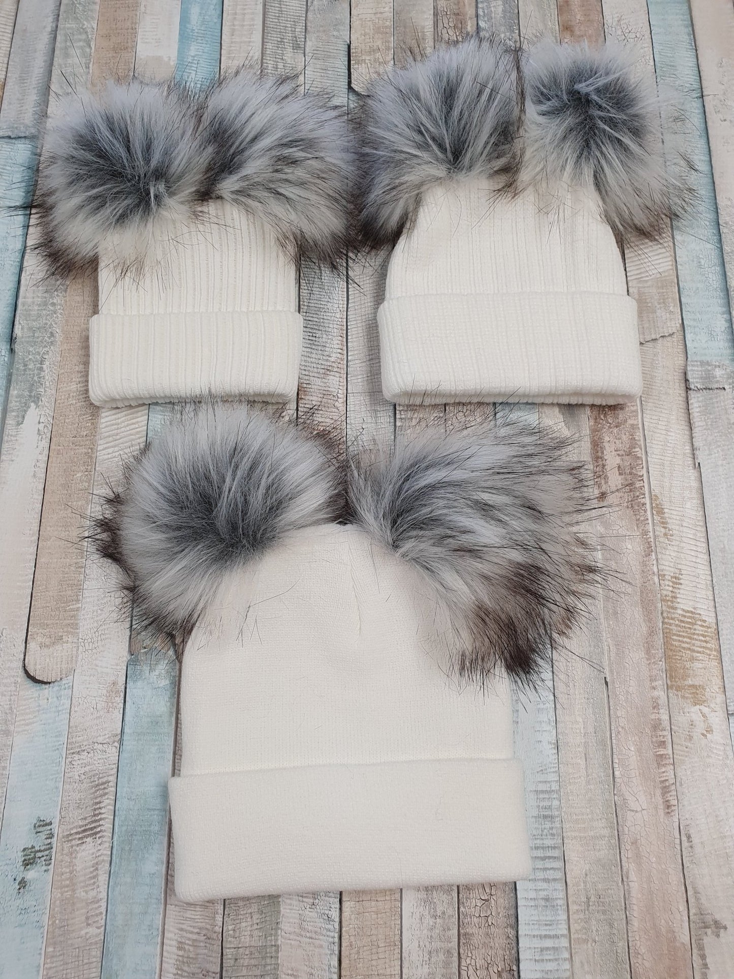Personalised White Knitted Double Grey Fluffy Faux Fur Pom Hat - Nana B Baby & Childrenswear Boutique
