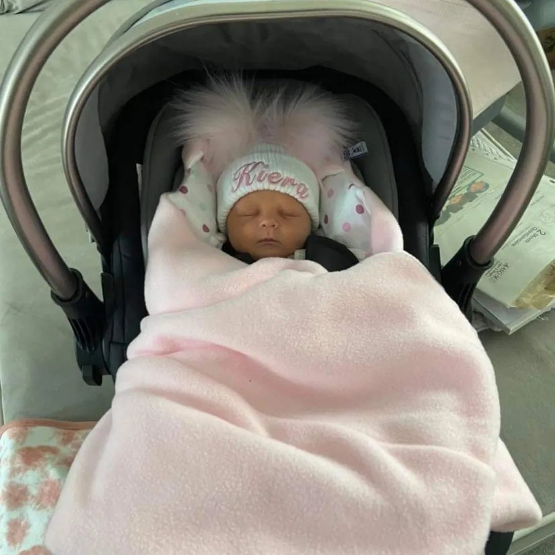 Personalised White Knitted Double Pink Fluffy Faux Fur Pom Hat - Nana B Baby & Childrenswear Boutique