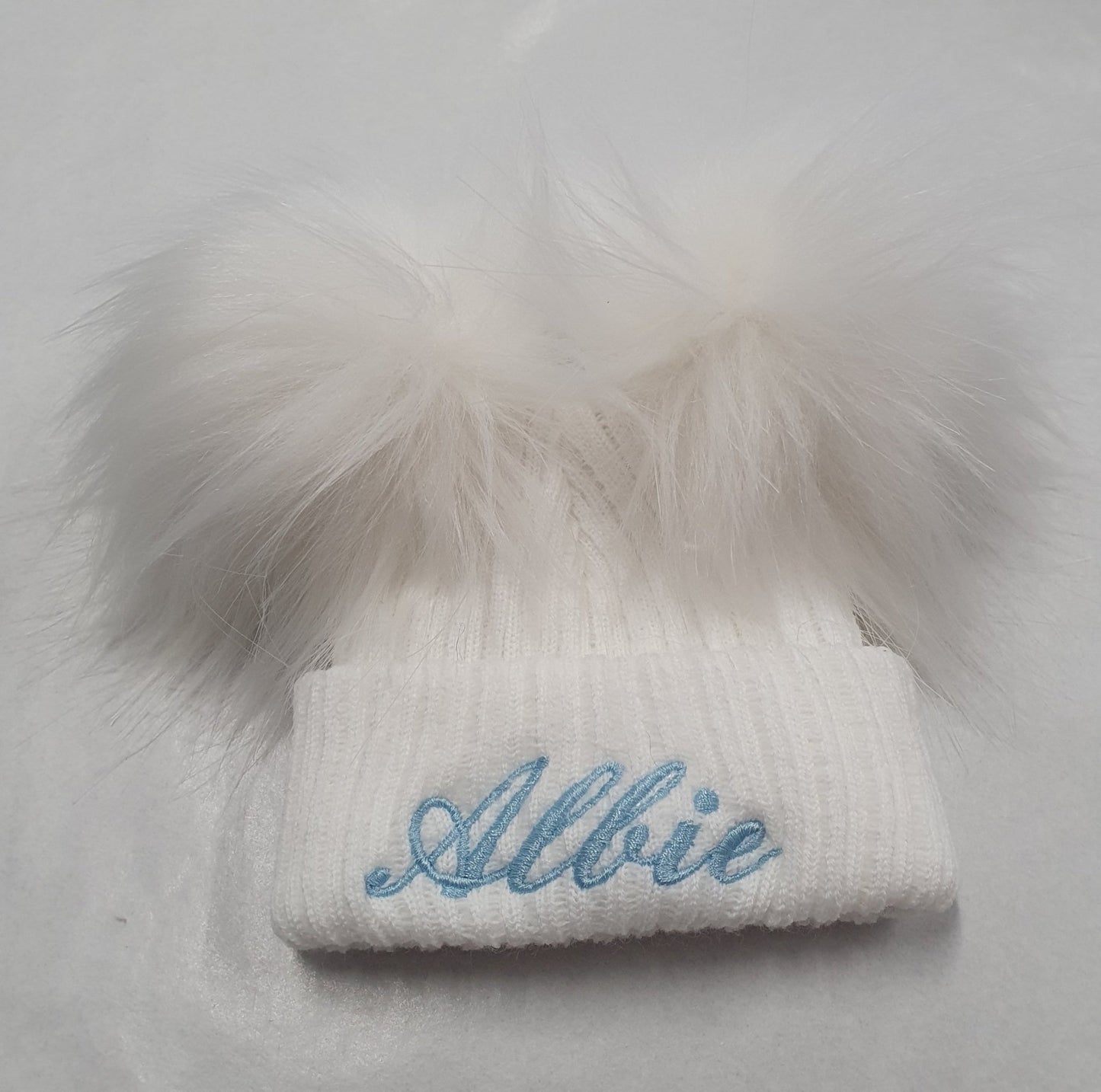 Personalised White Knitted Double White Fluffy Faux Fur Pom Hat - Nana B Baby & Childrenswear Boutique