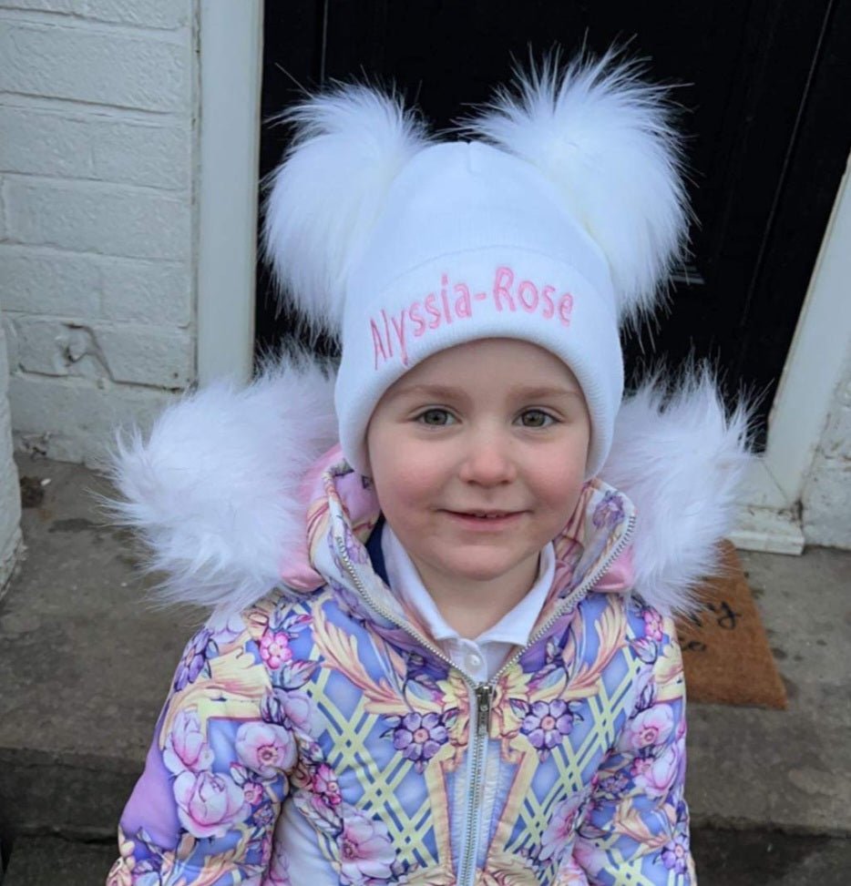 Personalised White Knitted Double White Fluffy Faux Fur Pom Hat - Nana B Baby & Childrenswear Boutique