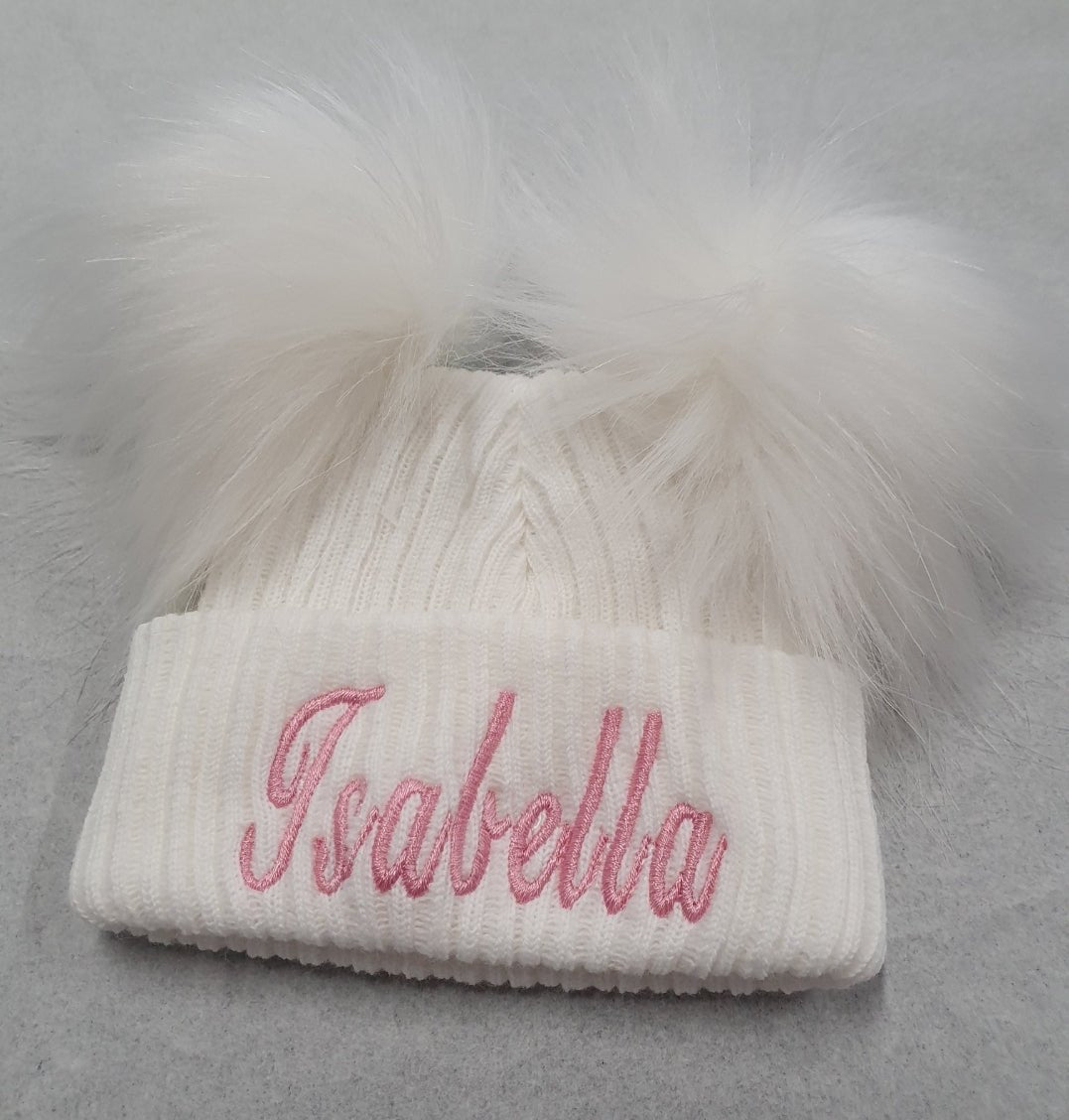 Personalised White Knitted Double White Fluffy Faux Fur Pom Hat - Nana B Baby & Childrenswear Boutique
