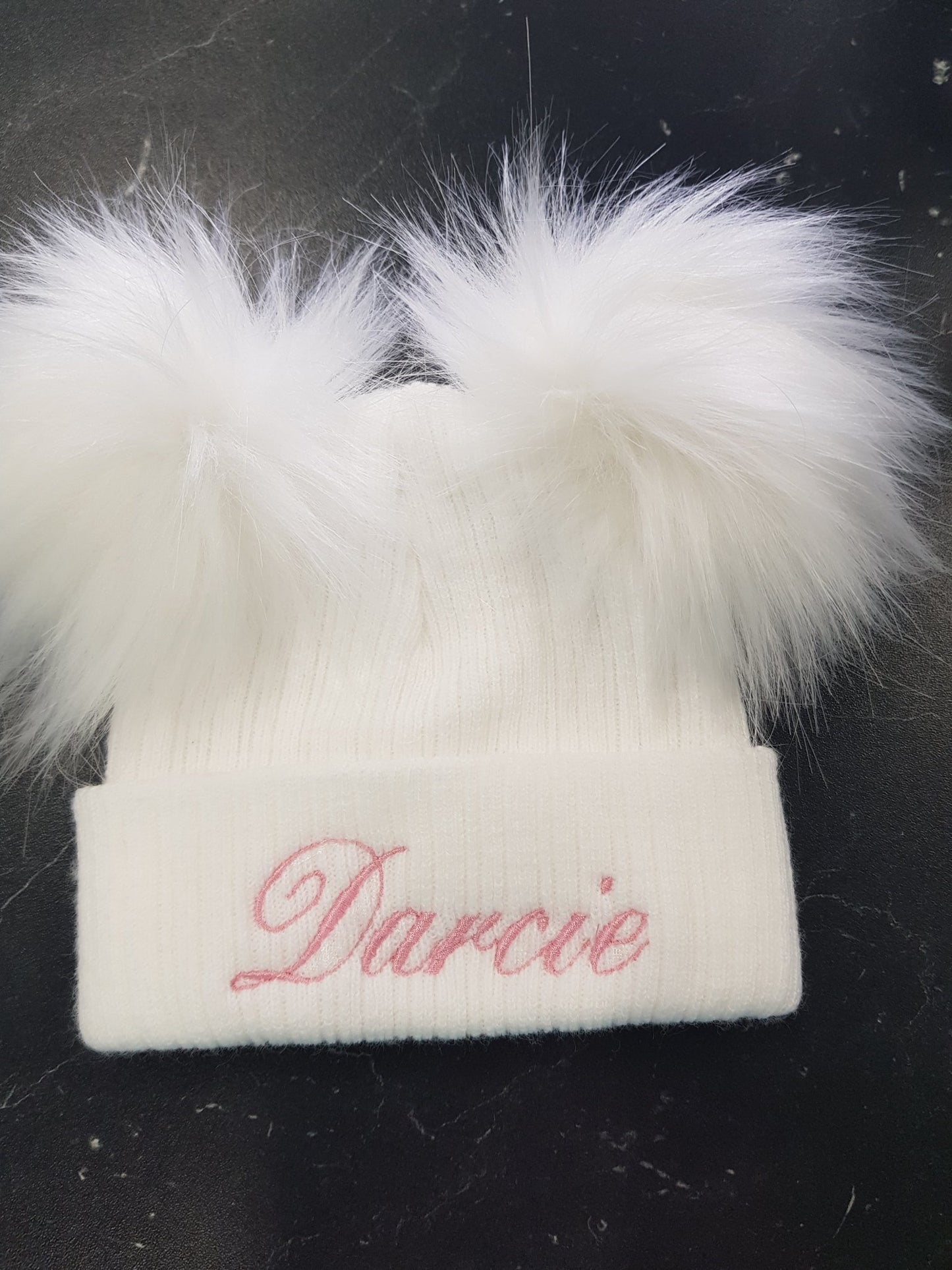 Personalised White Knitted Double White Fluffy Faux Fur Pom Hat - Nana B Baby & Childrenswear Boutique