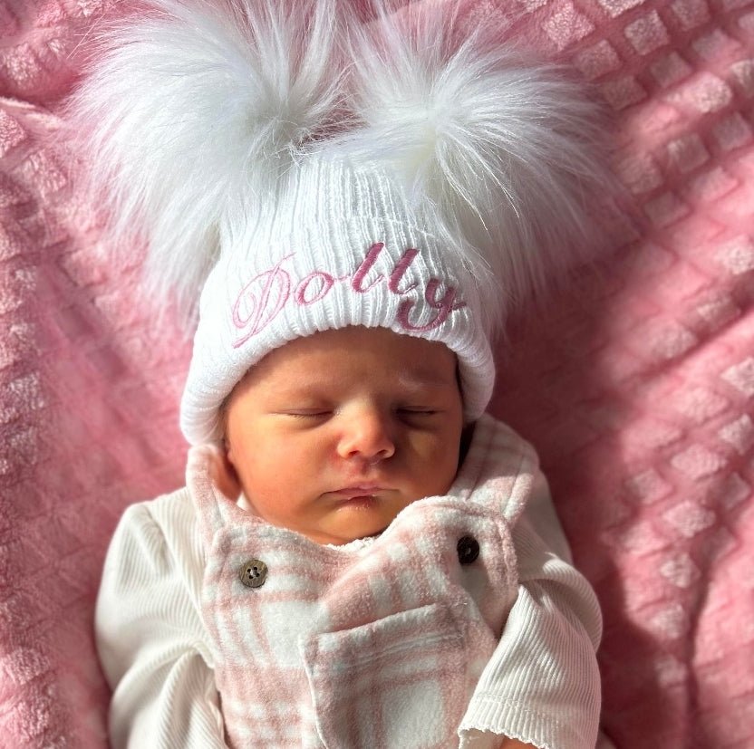 Personalised White Knitted Double White Fluffy Faux Fur Pom Hat - Nana B Baby & Childrenswear Boutique